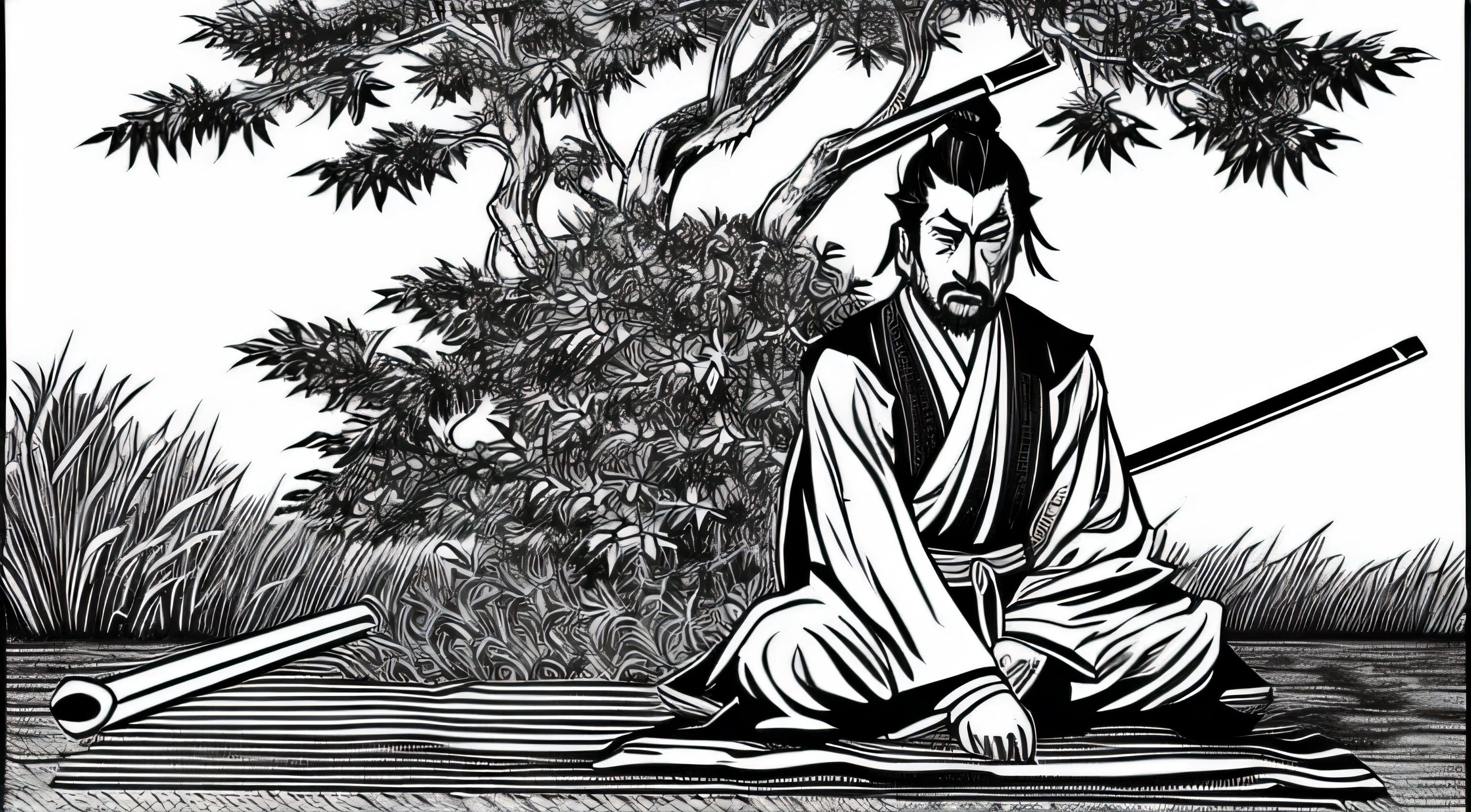 Miyamoto Musashi sitting on the grass, manga style drawing