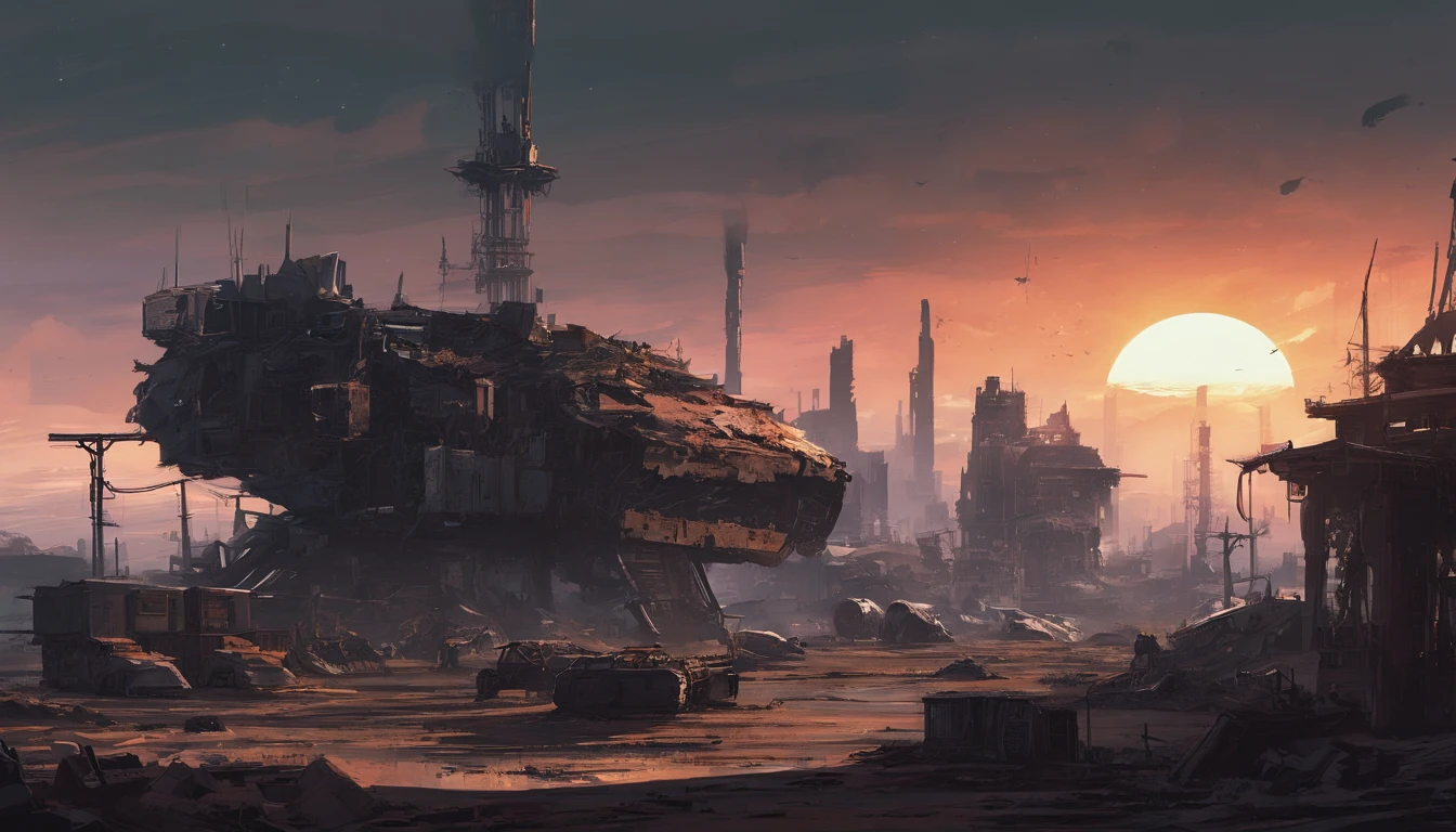 Post-apocalyptic wars, dark atmosphere, darkly, multiple Dilapidated spaceship, Mechanical patches, Japanese styly, spaceship junkyard, sunset, spaceship graveyard