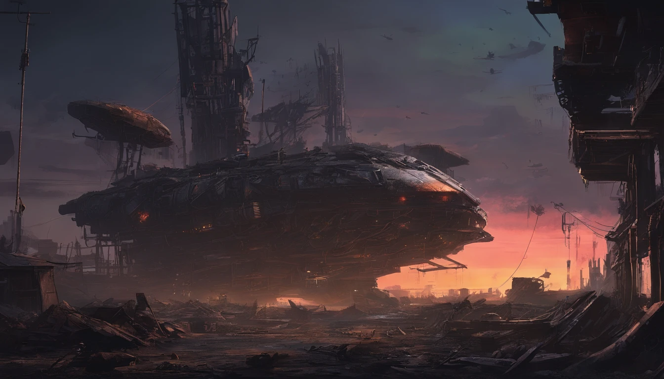 A wasteland-style spaceship, exploding in the air, black smoke from the engine, surrounded by a group of small red wasteland-style aircraft, with an abandoned ancient city in the background, towering industrial towers everywhere and some withered vegetation, storm-swept, foggy, low-saturation, cinematic, Unreal Engine, trending on artstation