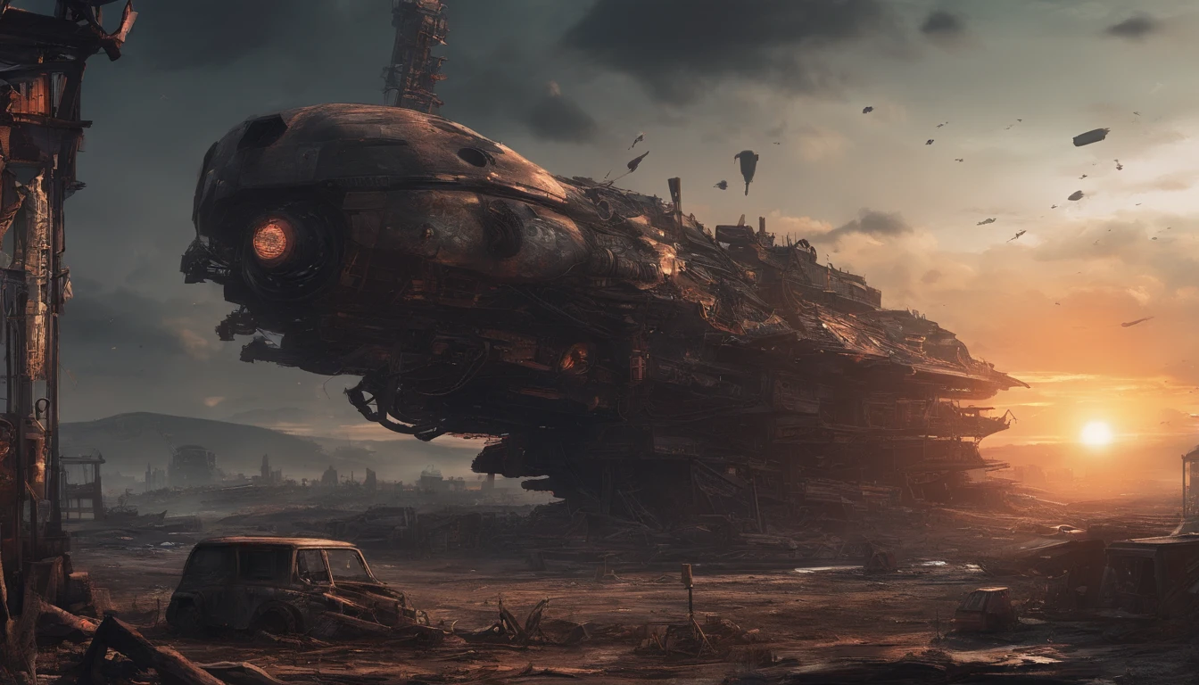 Post-apocalyptic wars, dark atmosphere, darkly, Dilapidated spaceship, Mechanical patches, Japanese styly, junkyard, sunset