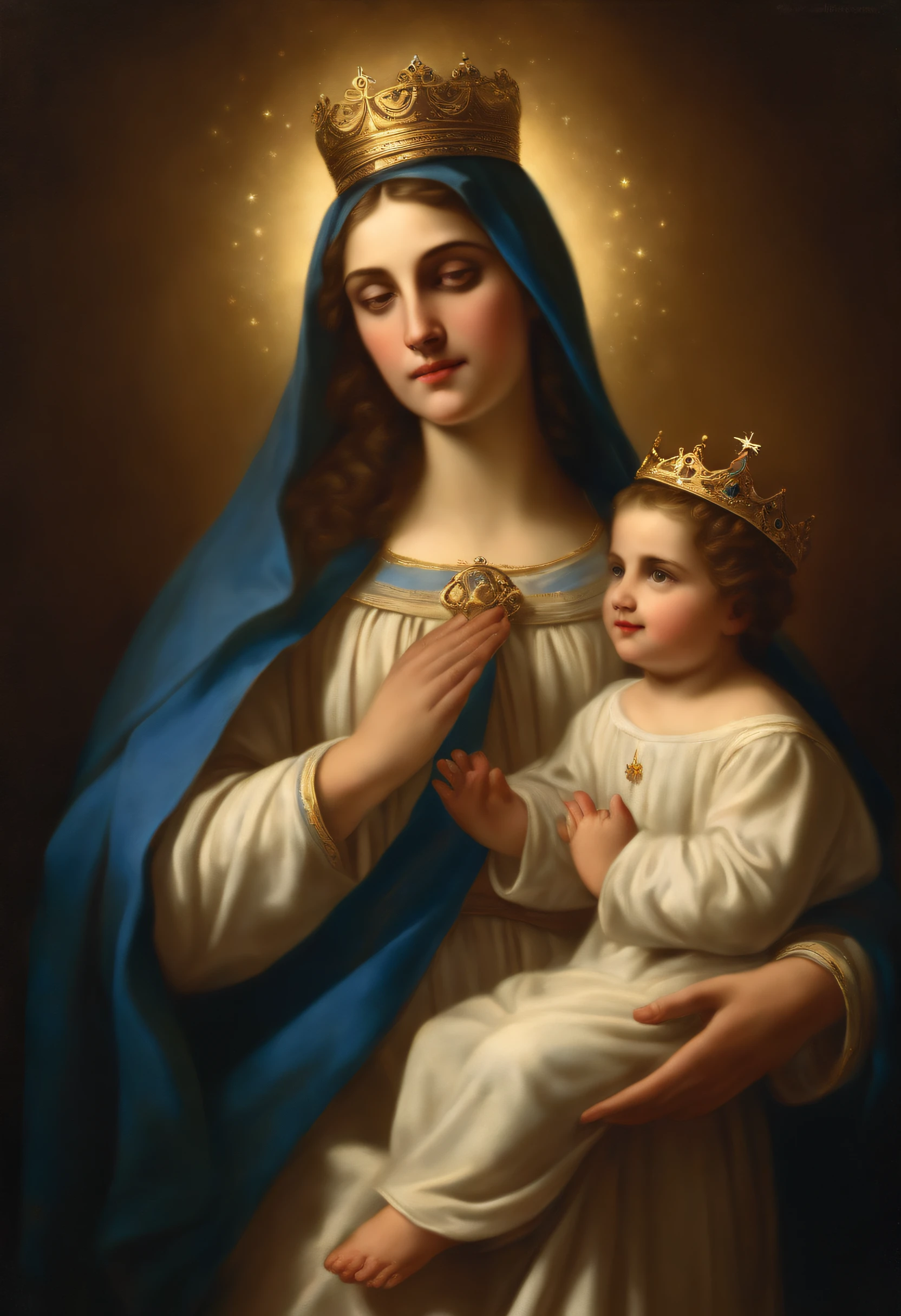 Drawing of a woman holding a child in her arms, Virgin Mary, Toddler with Jesus, Mother, Queen of Heaven, Beautiful Art, painting of beautiful, Beautiful depiction, Portrait of the Virgin Mary, Catholic Religious Art, rosen maiden, Sacred and beautiful, with a blue background, Boregov, guweiz masterpiece, religious art, Christian art, religious painting