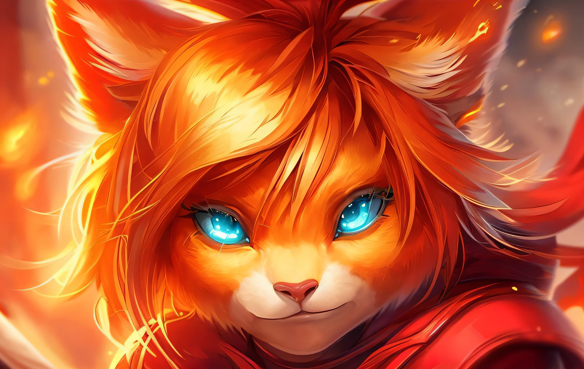 high quality digital illustration, close up portrait, perfect portrait, cinematic composition, fantasy style art, a pretty and heroic young anthropomorphic female cat, orange fur, orange hair, orange color, orange face, long eyelashes, big eyelashes, pretty eyes, teal eyes, faintly glowing teal eyes, protagonist, a female orange haired and teal-eyed cat warrior, red warrior dress, looking heroic, slight smile, determined look, fire, swirling fire, fire in the air, dramatic lighting, 4k, stunning visuals