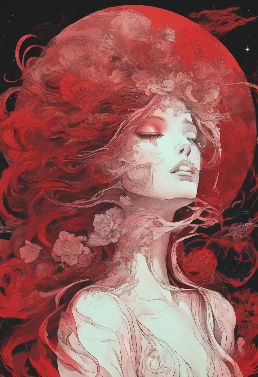 Faceless female cosmic entity with body made of White marble and wearing red dress surrounded by dark mist of green color and Halo of red light clock in the background+Concept Artwork Hugo Pratt+ MC Escher style fusion,Anime 80s aesthetic ,Ink drawing, tumblr, Terror80s,conceptual art, 4K digital art, Lovecraft,dramatic ligths, perfeccionist models,Dark tones,melancholic art, Printing under red Bristol paper--air: 4:5