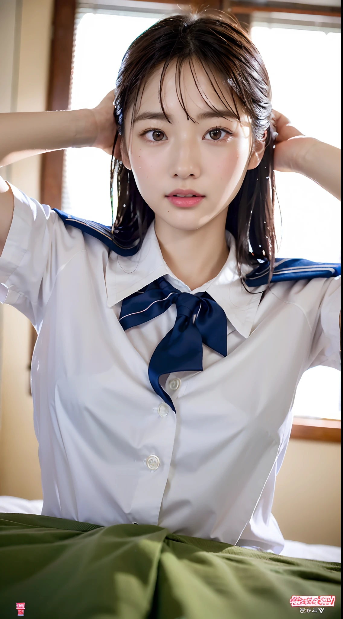 ulzzang-6500-v1.1, (Raw photo:1.2), (Photorealism), Beautiful detailed girl, Very detailed eyes and face, Beautiful detailed eyes, Huge file size, (Big), High Resolution, Very detailed, Best quality, [Masterpiece:1.6], [JK Uniform], Illustration, Very detailed, CG, Fine detail, Best quality, Very detailed CG uniform 8k wallpaper, Movie Lighting, 1 girl, , cute Japan high school girl, perfect figure, [white school blouse unbuttoned, bra visible], large taut breasts, [huge breasts, heavy breasts, H cup: 1.9], cute droopy eyes, beautiful big eyes, no bra, sweaty and wet, [sexual arousal: 1.1], lying in bed: 1.5], hands raised, school uniform ribbon around neck, smile, (the whole body is wet), shining eyes, big breasts, big, big, head on pillow, stomach, button open