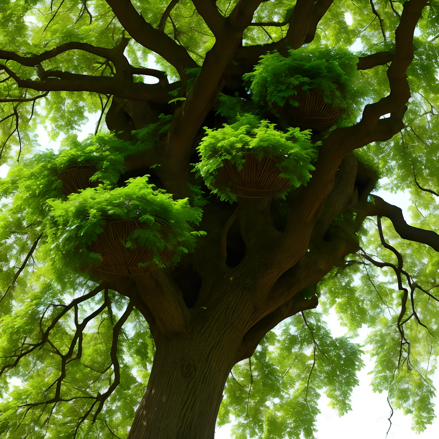 Green beautiful tree with birds' nests