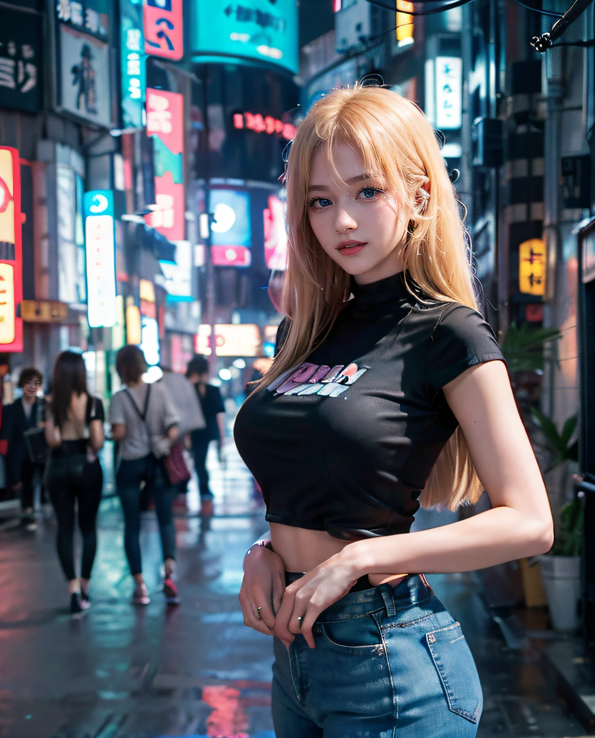 1girl, Blue eyes, (smiling), (Sana Minatozaki), wide hips, Big Boobs, big ass, (Best Quality, 8k, Masterpiece: 1.3), perfect hands, Clear Focus: 1.2, Perfect Body Beauty: 1.4 , Slender Abs: 1.2, Highly detailed face and skin texture, detailed eyes, double eyelids, (blonde long hair), (black t-shirt), (jeans), standing, dynamic pose, (in a futuristic city of tokyo), neon lights and big buildings in the background