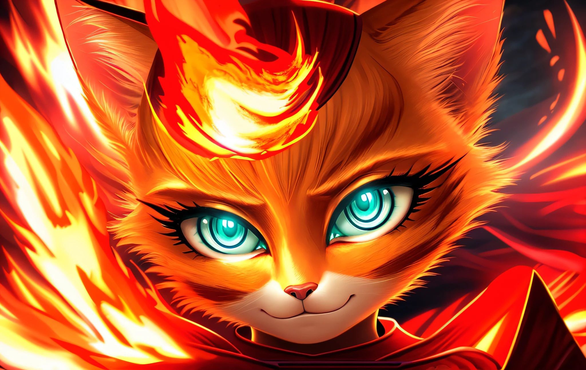 high quality digital illustration, close up portrait, perfect portrait, cinematic composition, fantasy style art, a pretty and heroic young anthropomorphic female cat, orange fur, orange hair, orange color, orange face, long eyelashes, big eyelashes, pretty eyes, teal eyes, faintly glowing teal eyes, protagonist, a female orange haired and teal-eyed cat warrior, red warrior dress, looking heroic, slight smile, determined look, fire, swirling fire, fire in the air, dramatic lighting, 4k, stunning visuals