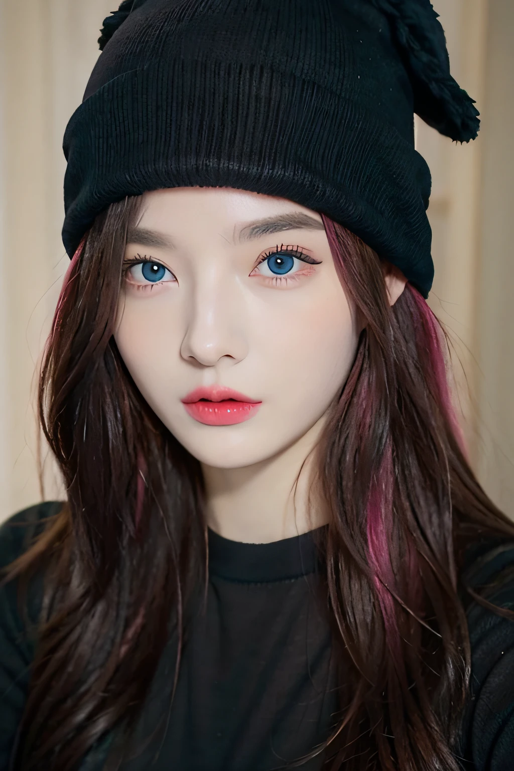 black beanie, pink hair, blue eyes, black t shirt