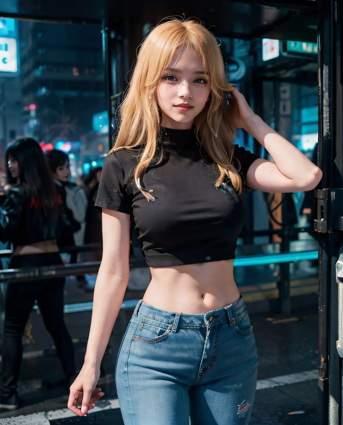 1girl, Blue eyes, (smiling), (Sana Minatozaki), wide hips, Big Boobs, big ass, (Best Quality, 8k, Masterpiece: 1.3), perfect hands, Clear Focus: 1.2, Perfect Body Beauty: 1.4 , Slender Abs: 1.2, Highly detailed face and skin texture, detailed eyes, double eyelids, (blonde long hair), (black t-shirt), (jeans), standing, dynamic pose, (in a futuristic city of tokyo), neon lights and big buildings in the background