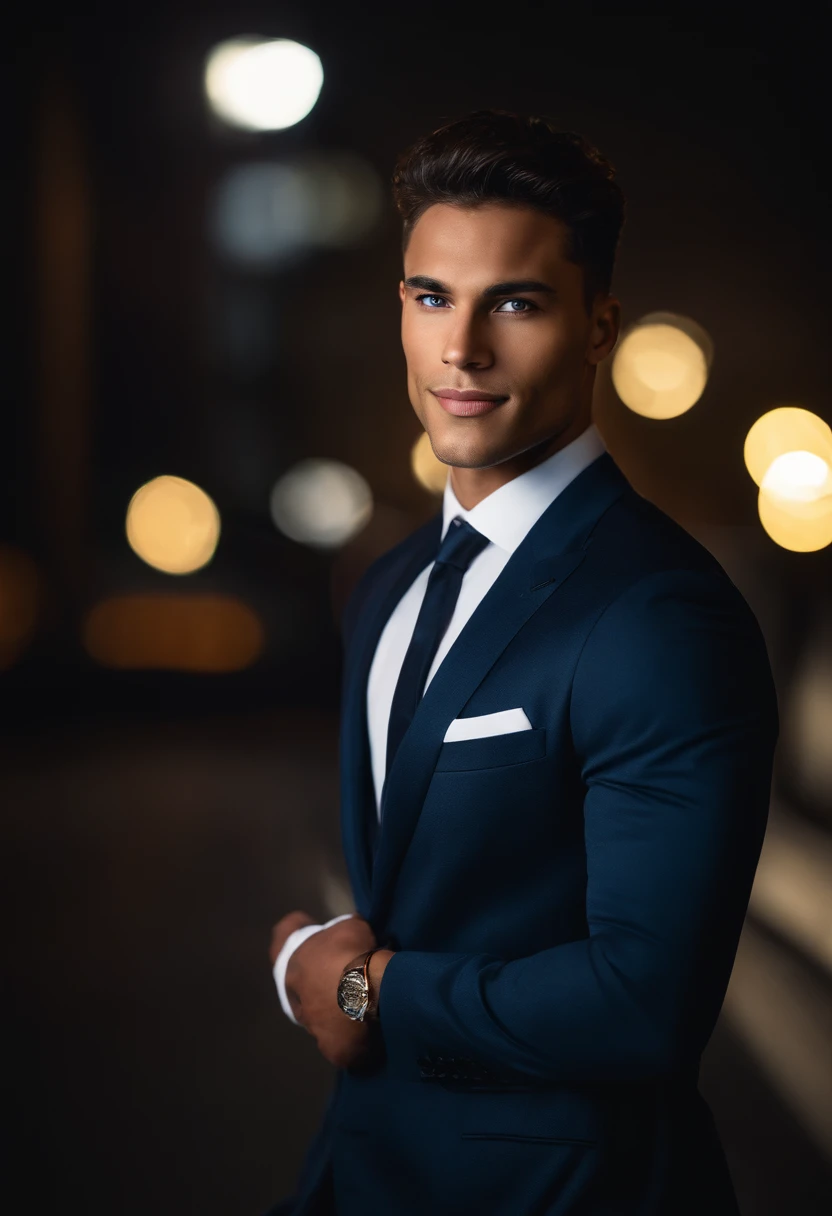 mixed race young man,beautiful detailed blue eyes,dark hair,dark suit,confident expression,sharp jawline,vibrant skin,smiling,handsome face,standing pose,city backdrop,professional studio lighting,realistic,a Ferrari, photorealistic:1.37,portraits,vivid colors,cool tone,soft lighting