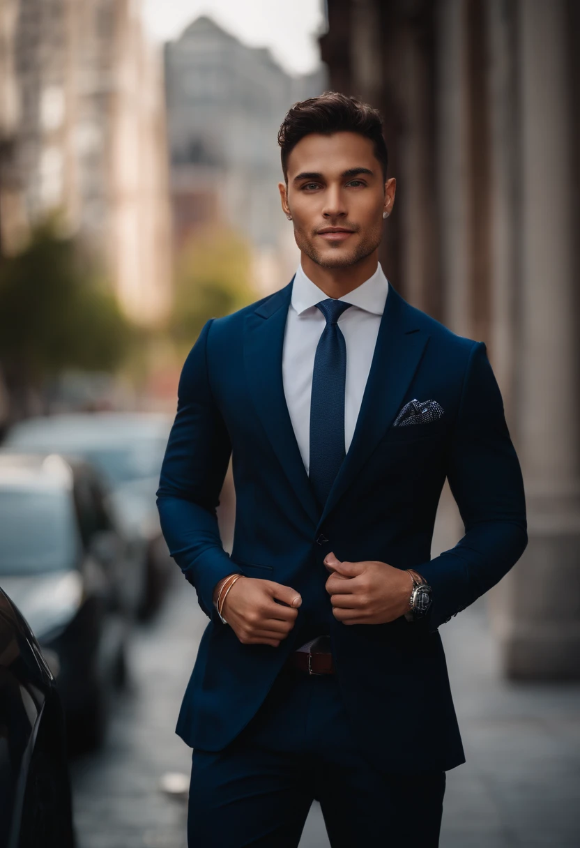 mixed race young man,beautiful detailed blue eyes,dark hair,dark suit,confident expression,sharp jawline,vibrant skin,smiling,handsome face,standing pose,city backdrop,professional studio lighting,realistic,a Ferrari, photorealistic:1.37,portraits,vivid colors,cool tone,soft lighting