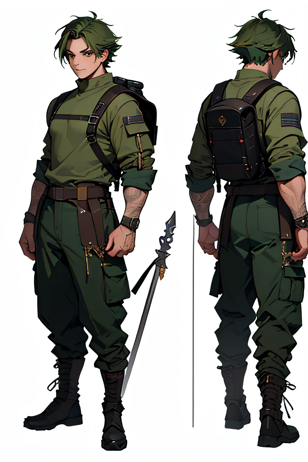 (Masterpiece,Best quality,absurderes,linear art:1.2),(character sheets:1.3),(Same face:1.1),1male,dynamicposes,medieval fantasy,Accessories,(Bulky backpack:1.1),spear,(Dirty:1.2),,Pants,Young male ,White background, sci-fi, Detailed outfit, sci-fi outfit, dark green hair, brown eyes, black outfit
