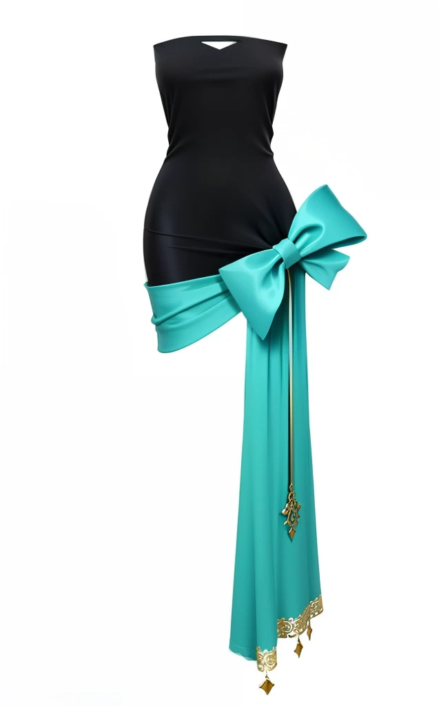um vestido preto com uma faixa turquesa e um top preto, black and aqua colors, with teal clothes, Ouro ciano preto e cores Aqua, preto+Veludo+vermelho+turquesa, fita, teal skirt, esquema de cores preto e ciano, seda aqua fluindo, premiado", espartilho ciano, asas de saia de quadril, Turqouise, fita grande