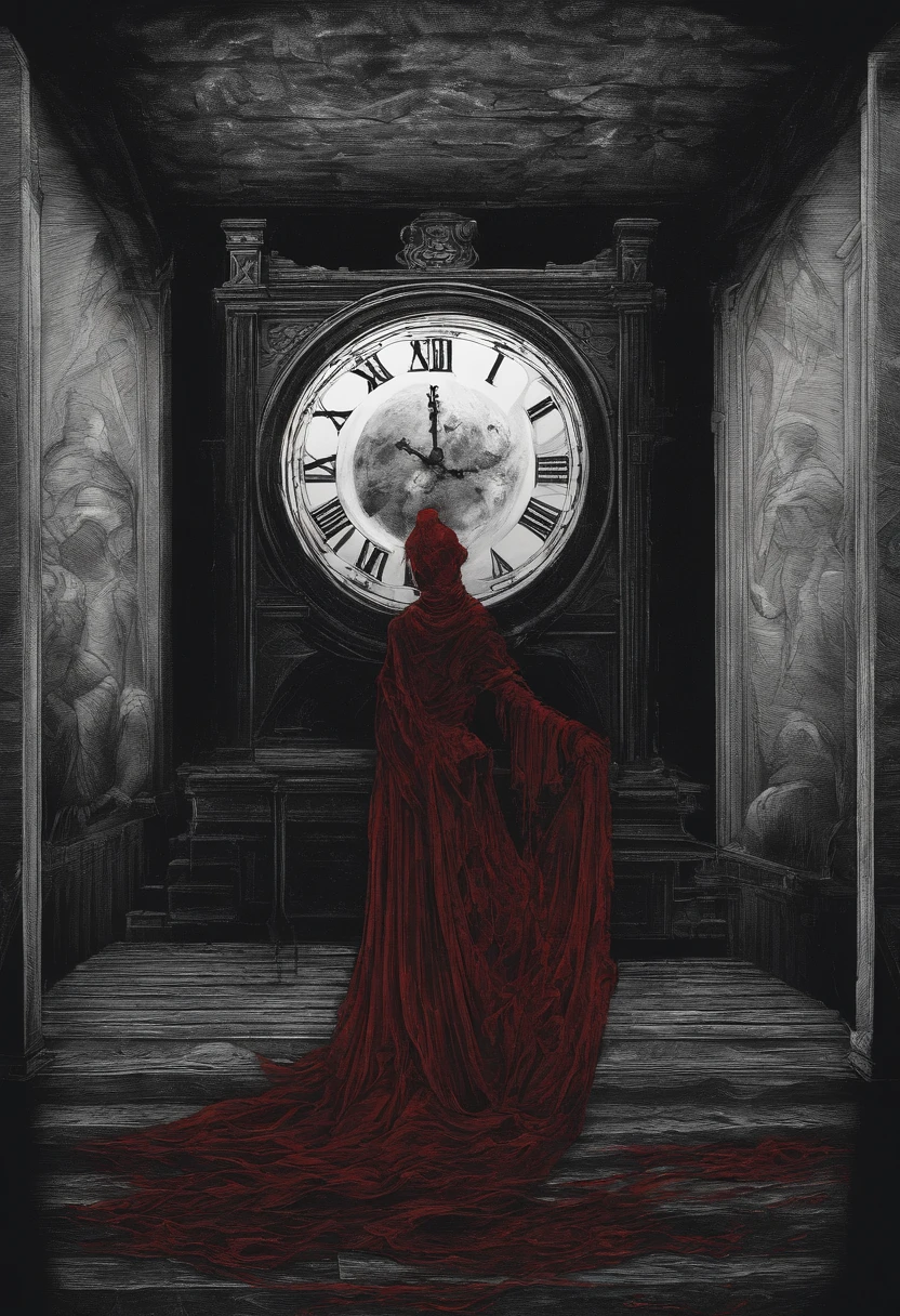 faceless female cosmic entity with a body made of white marble and wearing a red dress surrounded by dark green mist and a halo of red light clock in the background+Concept Artwork Hugo Pratt+ MC Escher style fusion,Anime 80s aesthetic ,Ink drawing, tumblr, Terror80s ,conceptual art, 4K digital art, Lovecraft,dramatic lights, perfectionist models,Dark tones,melancholic art, printing on red Bristol paper -- air: 4:5
