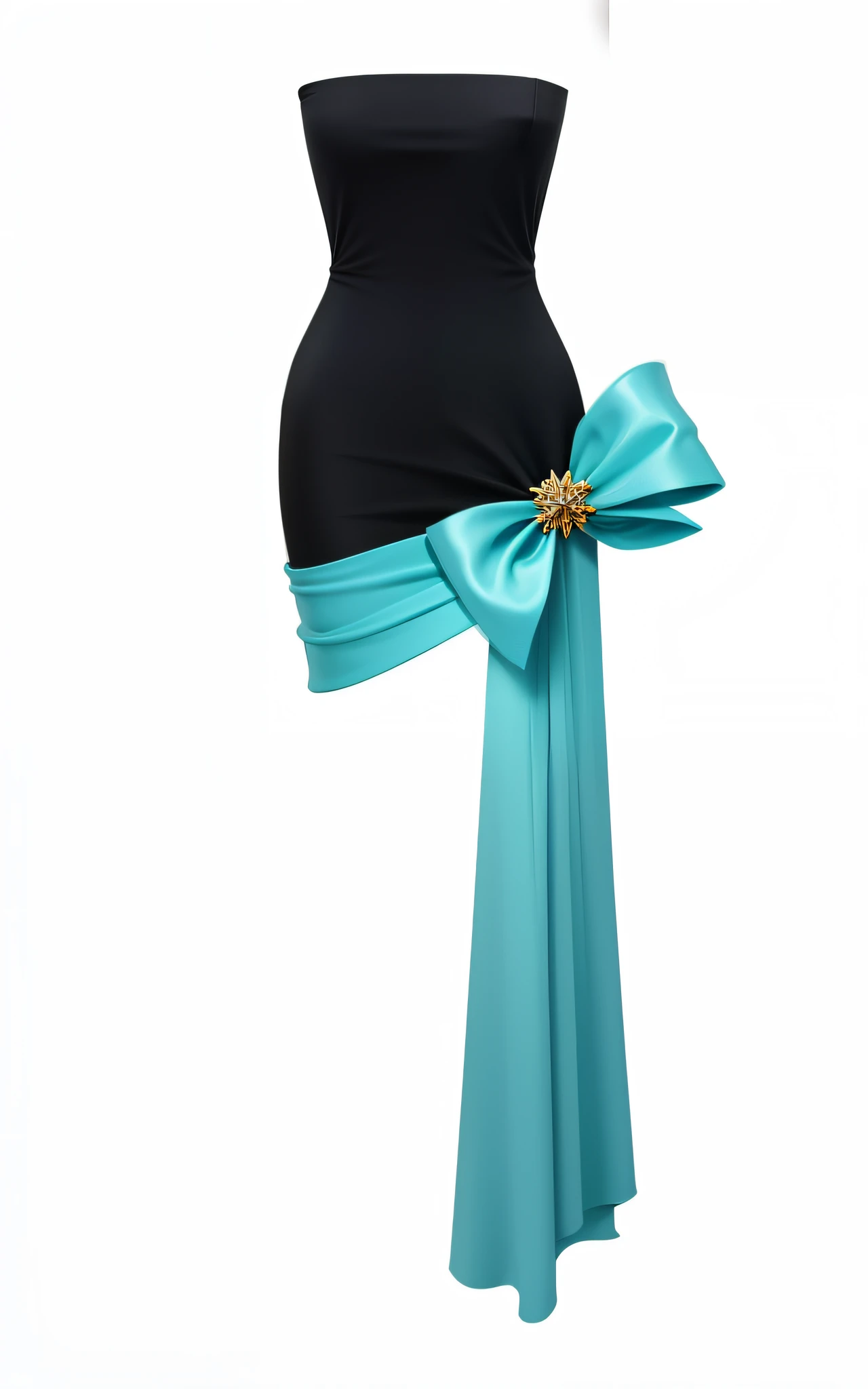 um vestido preto com uma faixa turquesa e um top preto, black and aqua colors, with teal clothes, Ouro ciano preto e cores Aqua, preto+Veludo+vermelho+turquesa, fita, teal skirt, esquema de cores preto e ciano, seda aqua fluindo, premiado", espartilho ciano, asas de saia de quadril, Turqouise, fita grande