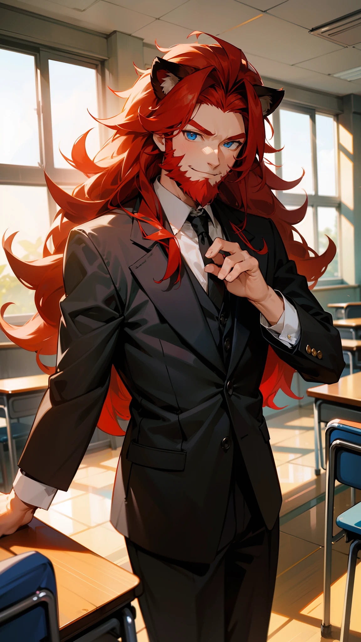 1man,40s,solo,teacher outfit,black blazer,long hair,lion ears,red hair,beard,blue eyes,happy face,Lion's mane hair,(standing in classroom),cowboy shot