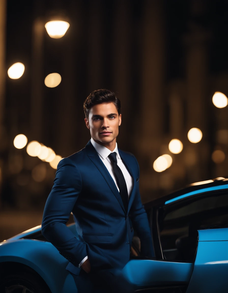 mixed race young man,beautiful detailed blue eyes,dark hair,dark suit,confident expression,sharp jawline,vibrant skin,smiling,handsome face,standing pose,city backdrop,professional studio lighting,realistic,a Lamborghini, photorealistic:1.37,portraits,vivid colors,cool tone,soft lighting