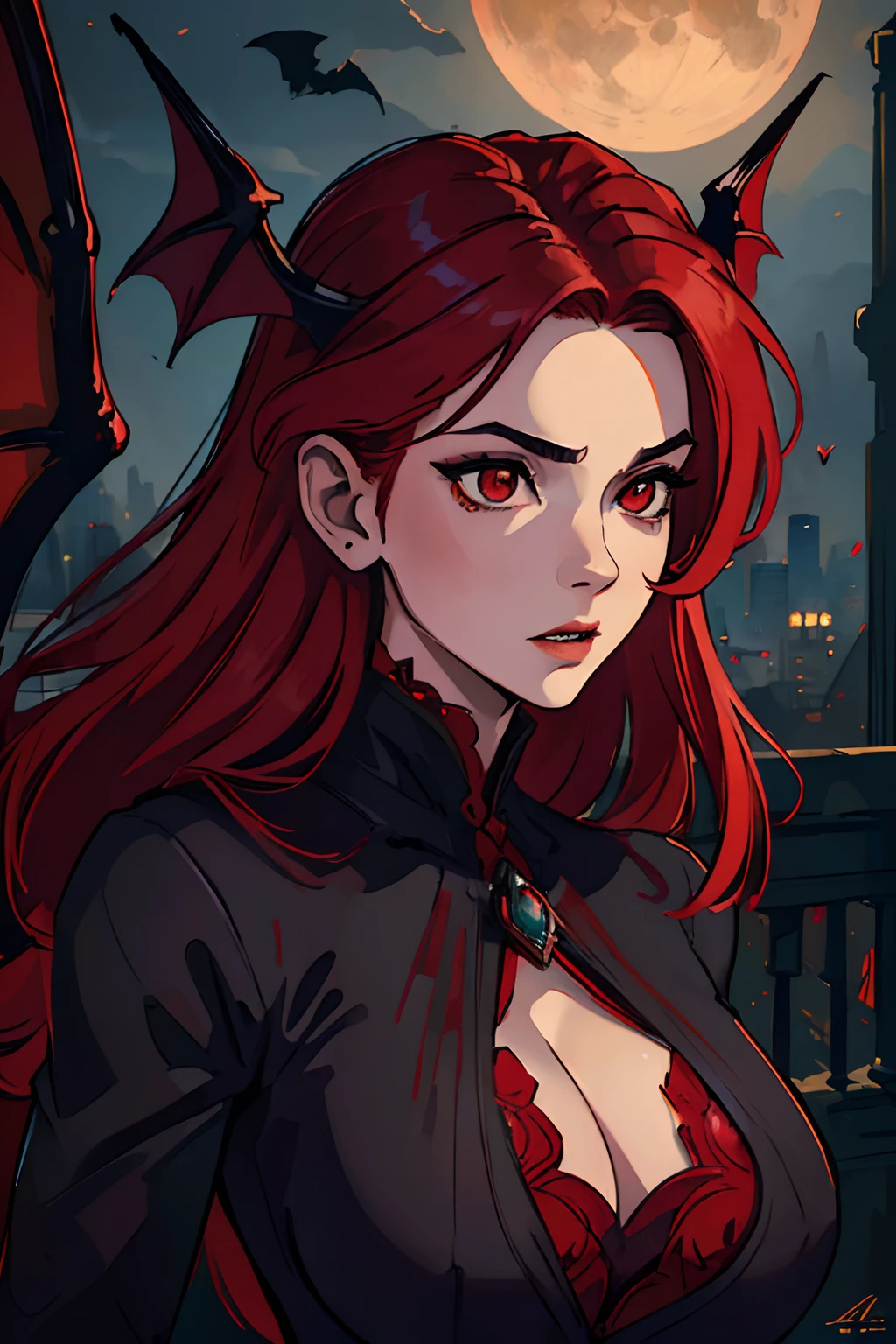 (best quality,4k,highres,masterpiece:1.2),ultra-detailed,vibrant colors,realistic,horror,portrait:1.1,a beautiful and alluring vampire woman with large bat wings, flowing red hair, and mesmerizing red eyes, revealing neckline, night, cityscape, blood, eerie lighting, big boobs