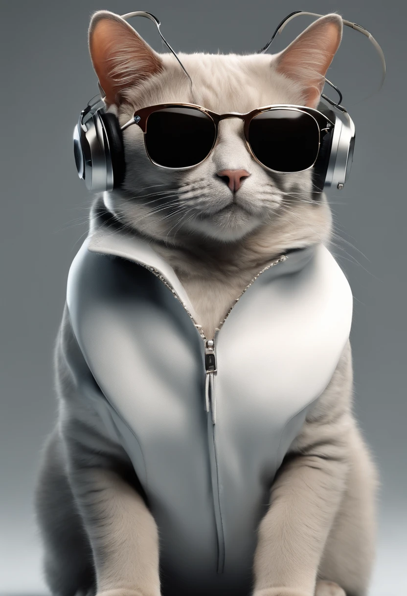 Perfect centralization, Um gatinho bonito por toda parte, Use uma jaqueta de estudante, wearing sunglasses, Usando fones de ouvido, Standing position, beleza abstrata, Centrado, looking at the camera, Facing the camera, nearing perfection, Dynamic, luar, altamente detalhado, pintura digital, art stations, Conceito-Arte, liso, foco nítido, 8k, high-definition resolution, illustration, arte de Carne Griffiths e Wadim Kashin, fundo branco