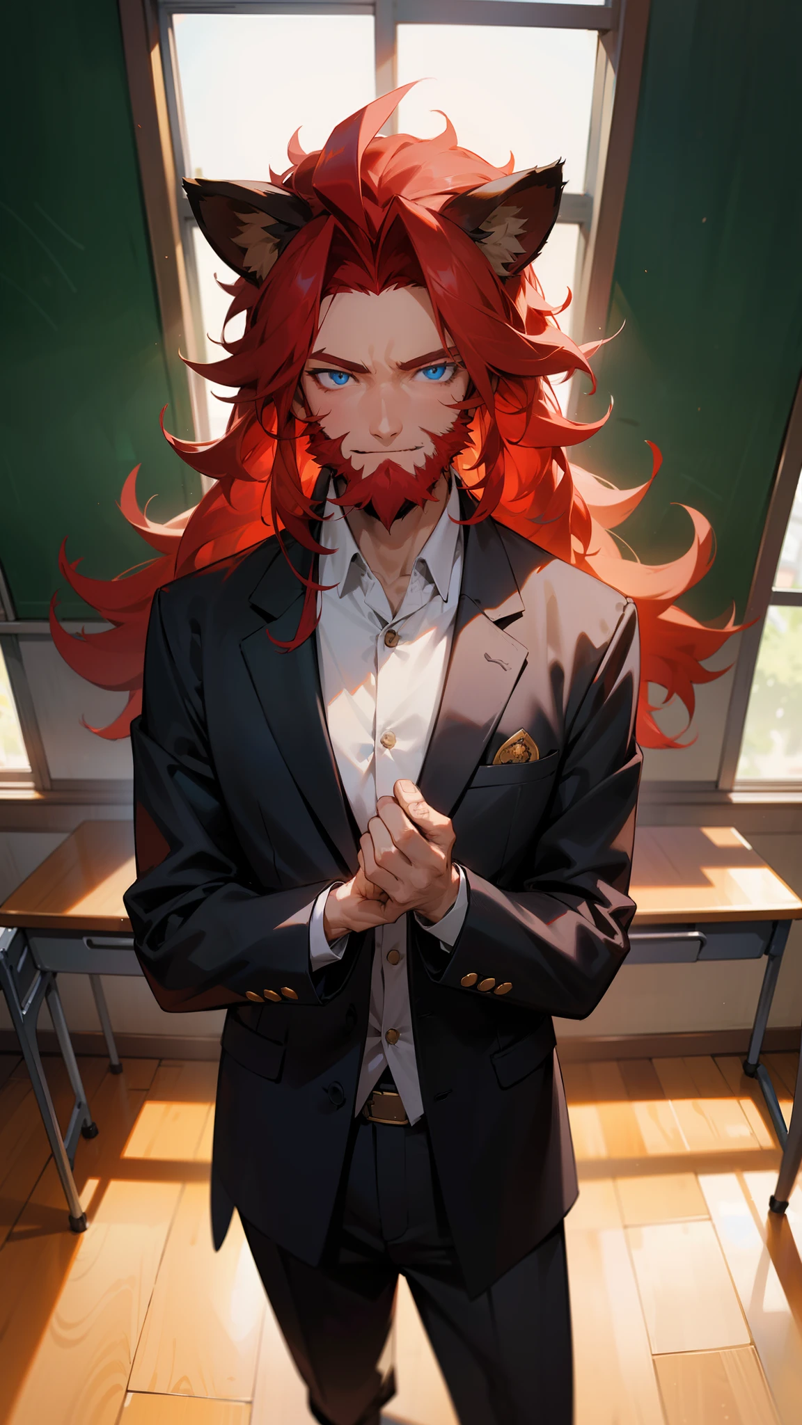 1man,40s,solo,teacher outfit,black blazer,long hair,red lion ears,red hair,beard,blue eyes,happy face,Lion's mane hair,(standing in classroom),cowboy shot