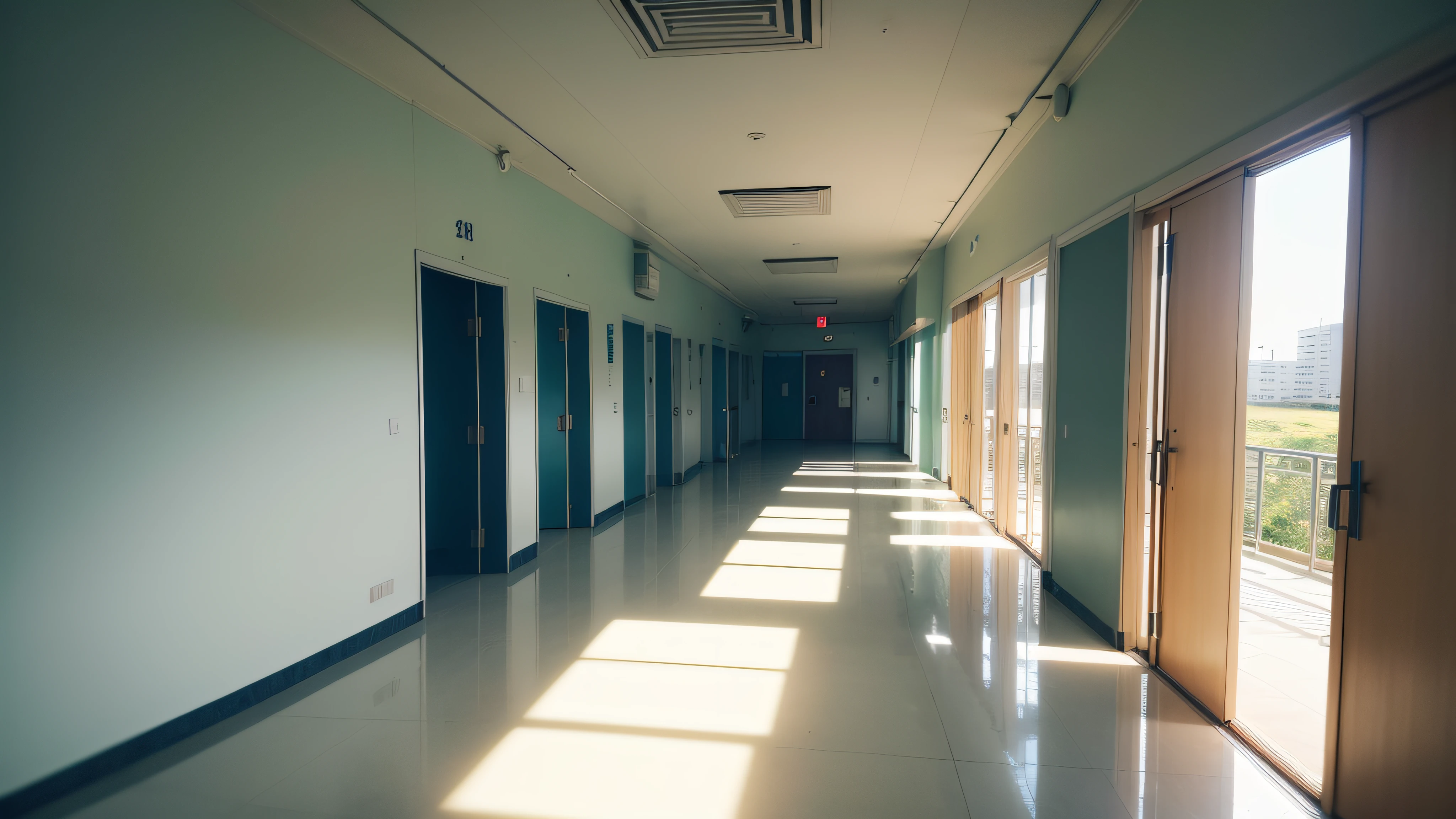 Extremamente detalhado, melhor qualidade, Indoor area of a hospital, corredor de um hospital, sombrio, medico entrando em uma sala ao longe, 8k, realista