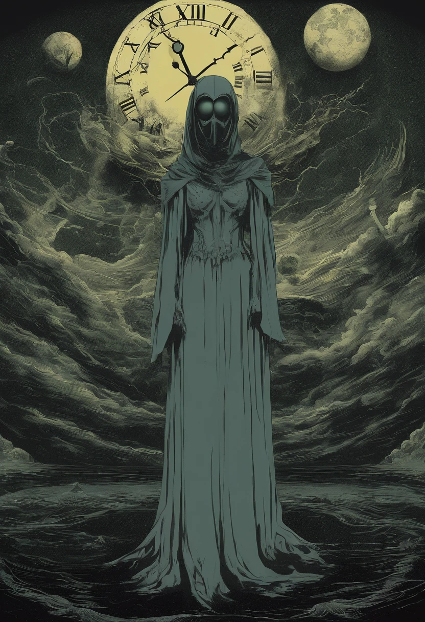 Faceless female cosmic entity with a body made of black marble and wearing a yellow dress surrounded by dark green mist and a blue light clock halo, universo ao fundo+Arte Conceitual Hugo Pratt+ MC Escher Style Fusion,80s Anime Aesthetics ,desenho a tinta digital, Tumblr, Terror anos 80 ,arte conceitual, Arte Digital 4K, Lovecraft,dramatic lights, modelos perfeccionistas,tons escuros,Melancholic art, printing on Bristol red paper -- air: 4:5