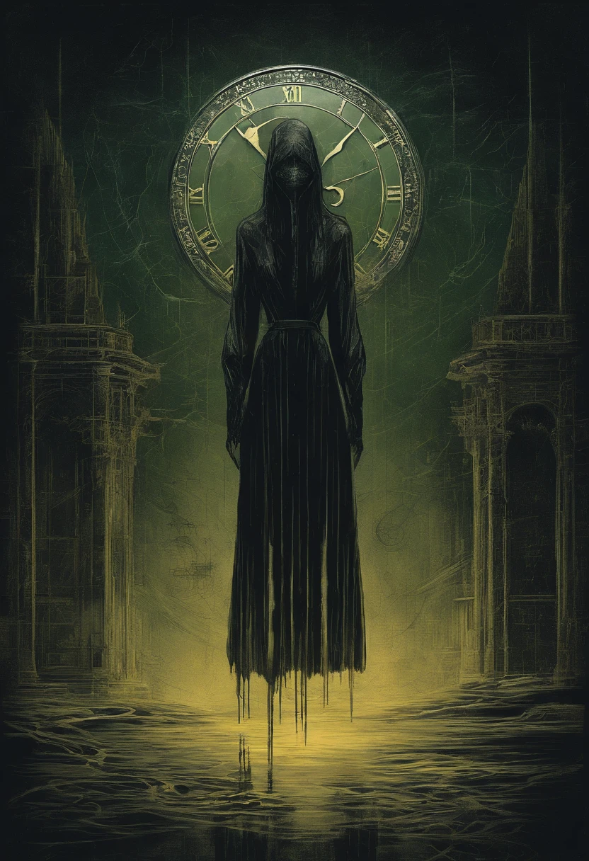 Faceless female cosmic entity with a body made of black marble and wearing a yellow dress surrounded by dark green mist and a blue light clock halo, universo ao fundo+Arte Conceitual Hugo Pratt+ MC Escher Style Fusion,80s Anime Aesthetics ,desenho a tinta digital, Tumblr, Terror anos 80 ,arte conceitual, Arte Digital 4K, Lovecraft,dramatic lights, modelos perfeccionistas,tons escuros,Melancholic art, printing on Bristol red paper -- air: 4:5