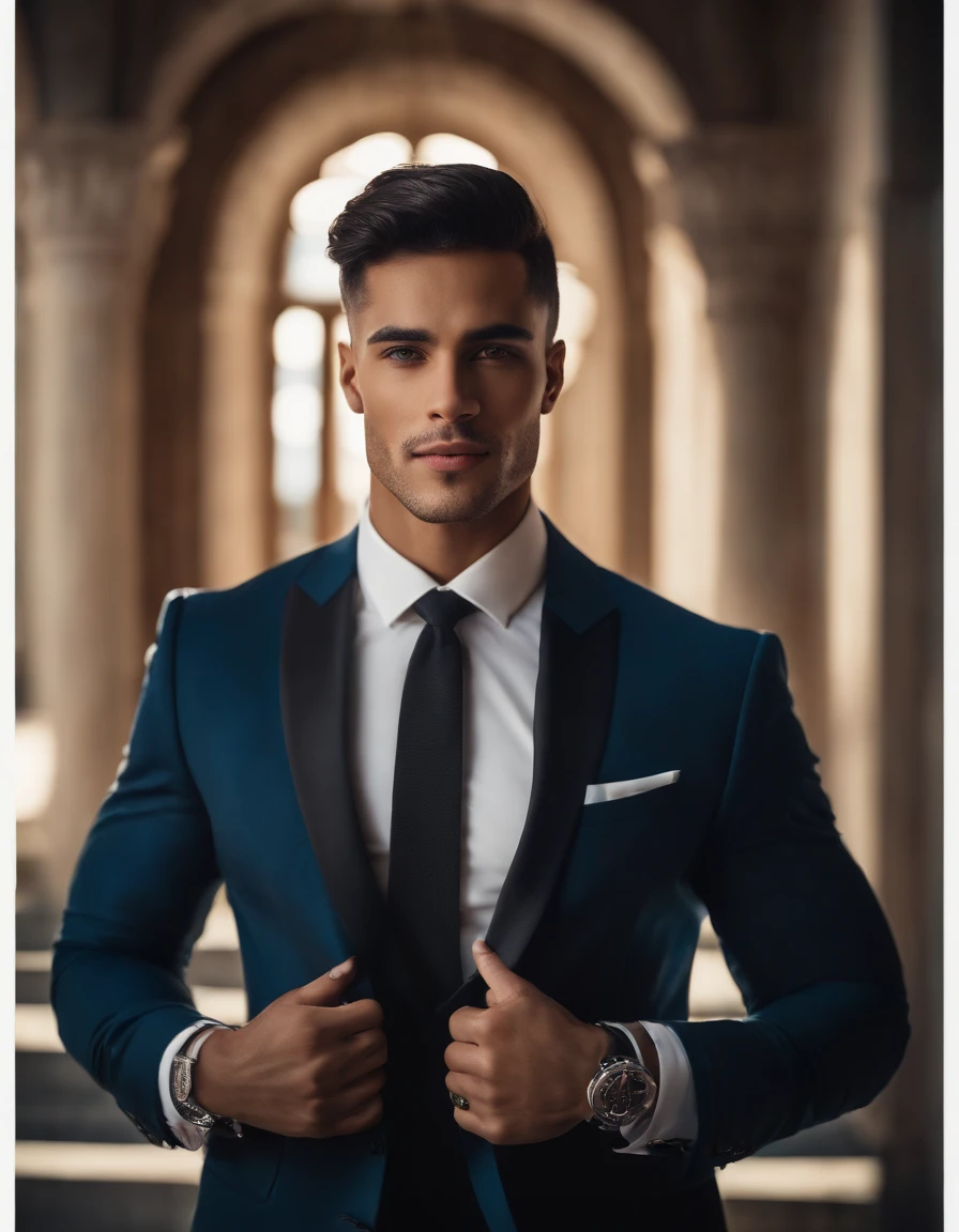 mixed race young man,beautiful detailed blue eyes,dark hair,dark suit,confident expression,sharp jawline,vibrant skin,smiling,handsome face,standing pose,city backdrop,professional studio lighting,realistic,in a big villa beautiful, with many cars, photorealistic:1.37,portraits,vivid colors,cool tone,soft lighting