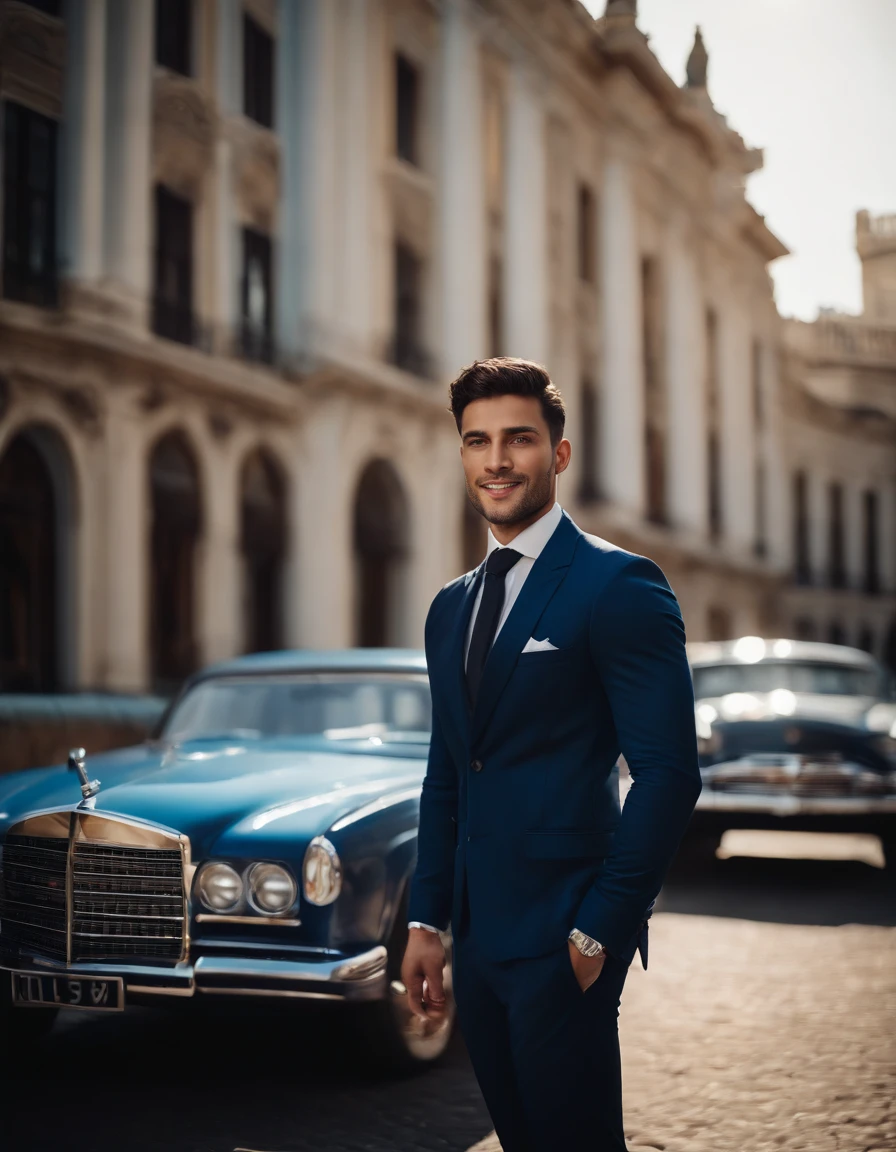 mixed race young man,beautiful detailed blue eyes,dark hair,dark suit,confident expression,sharp jawline,vibrant skin,smiling,handsome face,standing pose,city backdrop,professional studio lighting,realistic,in a big villa beautiful, with many cars, photorealistic:1.37,portraits,vivid colors,cool tone,soft lighting