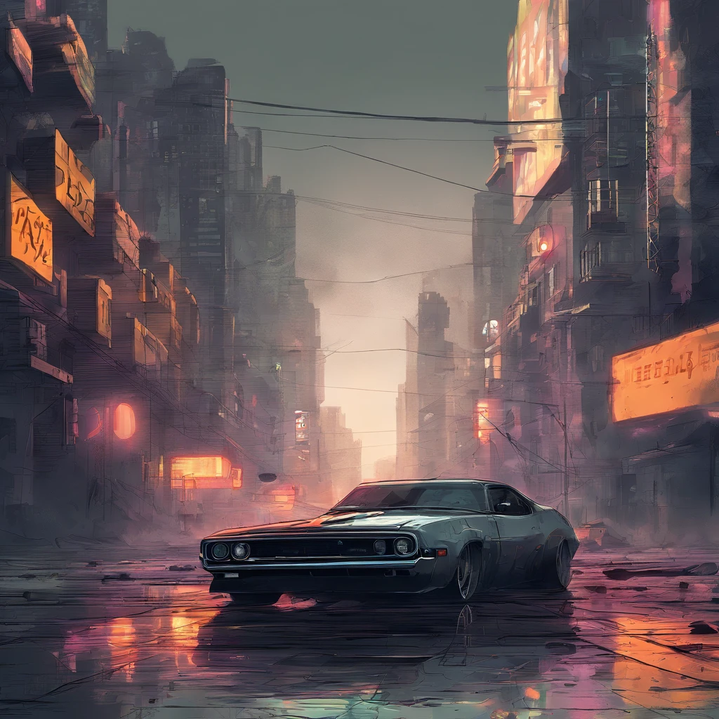 Car Colored Muscle, Grey dystopian city, soprando cores para fora de seu tubo de escape, Return color to the city, illustration, ultra-detalhado, Realistic, cores vibrantes, studio lighting, paisagem urbana, alta resolução, HDR, dynamic lighting, smoke billowing, smog, abandoned buildings, grafity, Cyberpunk aesthetics, neon lights, Tecnologia futurista, ruas encharcadas pela chuva, Sombras, reflection, velocidade, motion blur, intensidade, urban decay, steel, concreto, asfalto, darkeness, Contraste, heat mist, Glossy surfaces