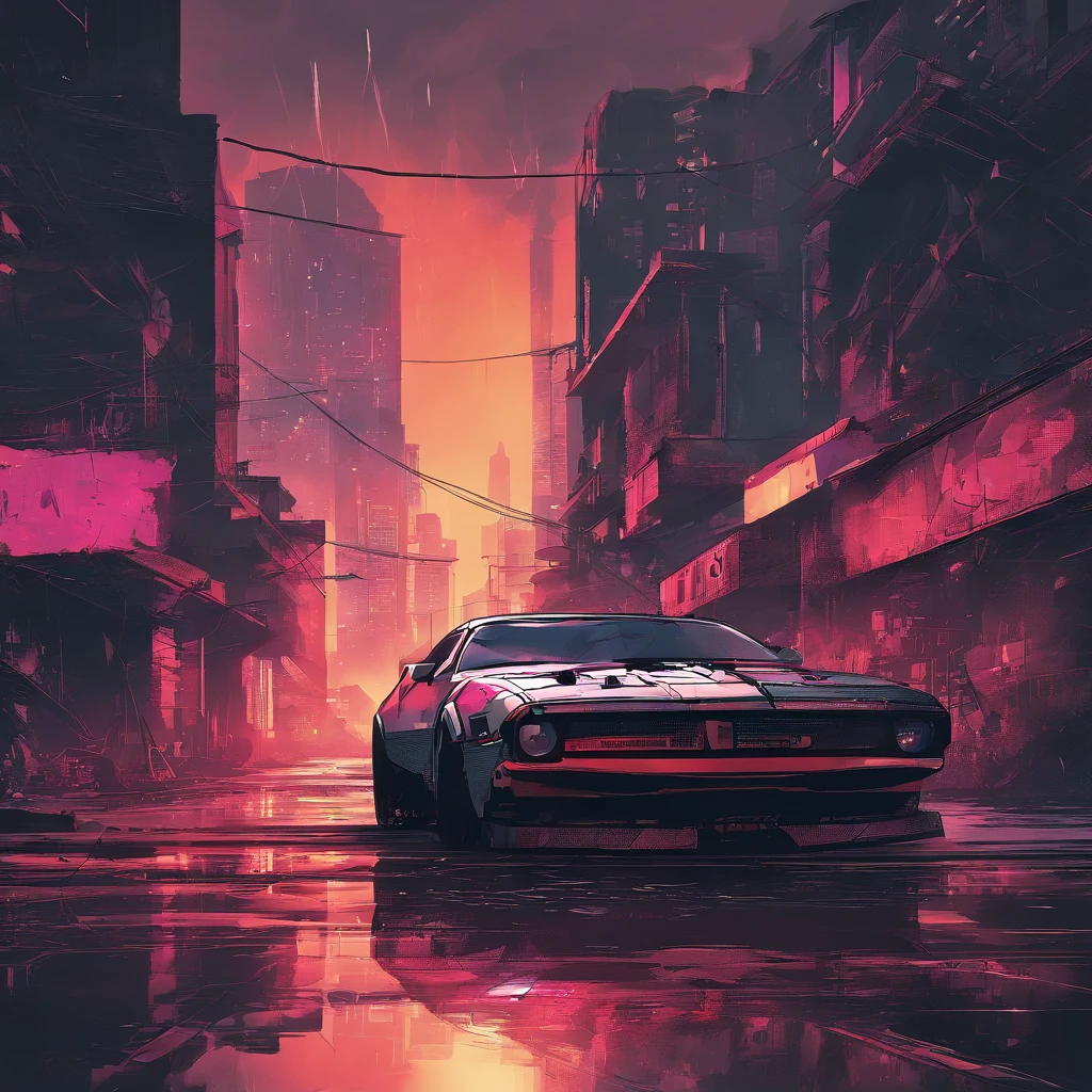 Car Colored Muscle, Grey dystopian city, soprando cores para fora de seu tubo de escape, Return color to the city, illustration, ultra-detalhado, Realistic, cores vibrantes, studio lighting, paisagem urbana, alta resolução, HDR, dynamic lighting, smoke billowing, smog, abandoned buildings, grafity, Cyberpunk aesthetics, neon lights, Tecnologia futurista, ruas encharcadas pela chuva, Sombras, reflection, velocidade, motion blur, intensidade, urban decay, steel, concreto, asfalto, darkeness, Contraste, heat mist, Glossy surfaces