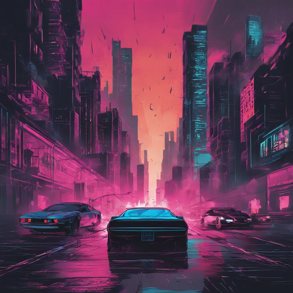 Car Colored Muscle, Grey dystopian city, soprando cores para fora de seu tubo de escape, Return color to the city, illustration, ultra-detalhado, Realistic, cores vibrantes, studio lighting, paisagem urbana, alta resolução, HDR, dynamic lighting, smoke billowing, smog, abandoned buildings, grafity, Cyberpunk aesthetics, neon lights, Tecnologia futurista, ruas encharcadas pela chuva, Sombras, reflection, velocidade, motion blur, intensidade, urban decay, steel, concreto, asfalto, darkeness, Contraste, heat mist, Glossy surfaces