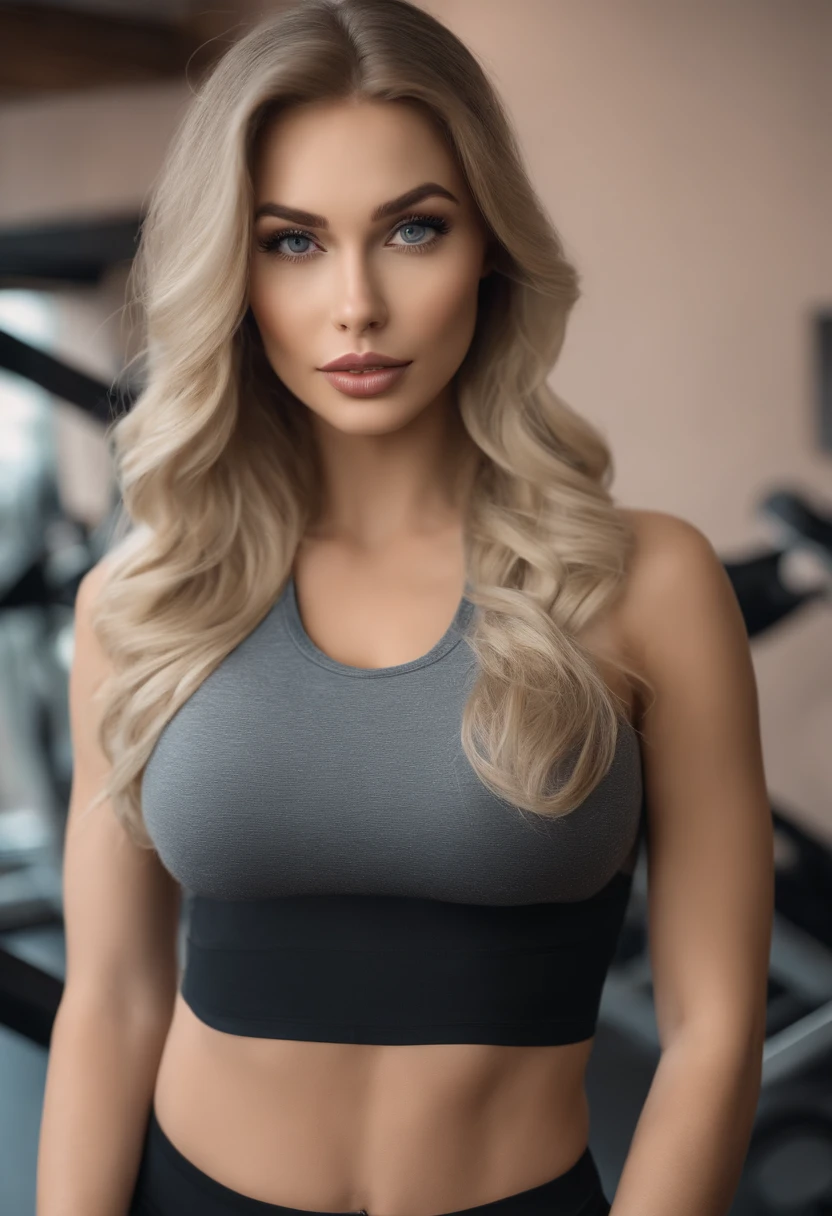 Arafed Frau komplett , Sexy girl with blue eyes, Ultra-realistisch, Akribisch detailliert, portrait sophie mudd, blonde hair and large eyes, Selfie einer jungen Frau, Kammeraugen, Violet Myers, Frei von Make-up, Natural makeup, Blick direkt in die Kamera, Gesicht mit Artgram, Dezentes Make-up, Great photo of the whole body, which stands next to the fitness equipment, im Fitnessstudio, medium to large bust size, Sport-BH und Leggings