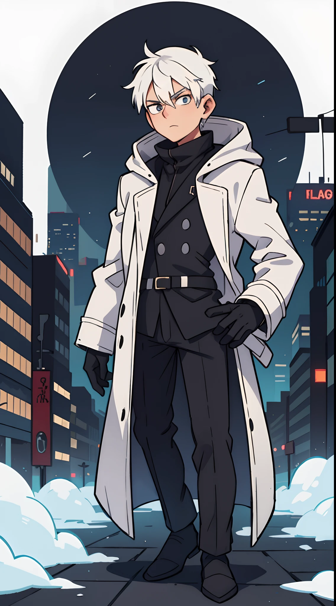 1 male, white hair and wearing a black coat, in a city, night time
