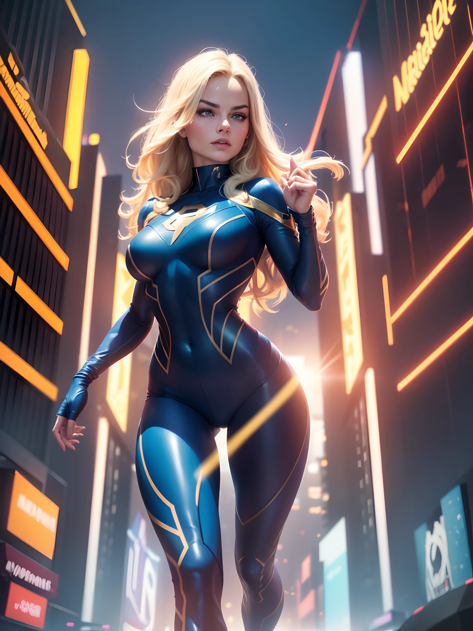 (New York: 1.3), (time square: 1.2), Margot Robbie in Fantastic Four costume, Fantastic Four costume, tight dark blue jumpsuit, number 4 symbol on the chest, full body, ((best quality)), (( Selected: 1.4)) super resolution, cinematic lighting, (New York: 1.3), ultra realistic, . .RAW, (photorealism: 1.5), (Realisitc: 1.4), (Absurd: 1.4), 8k, ultra-detailed, detailed, (One only: 1.4), (Viewer: 1.3), HD4