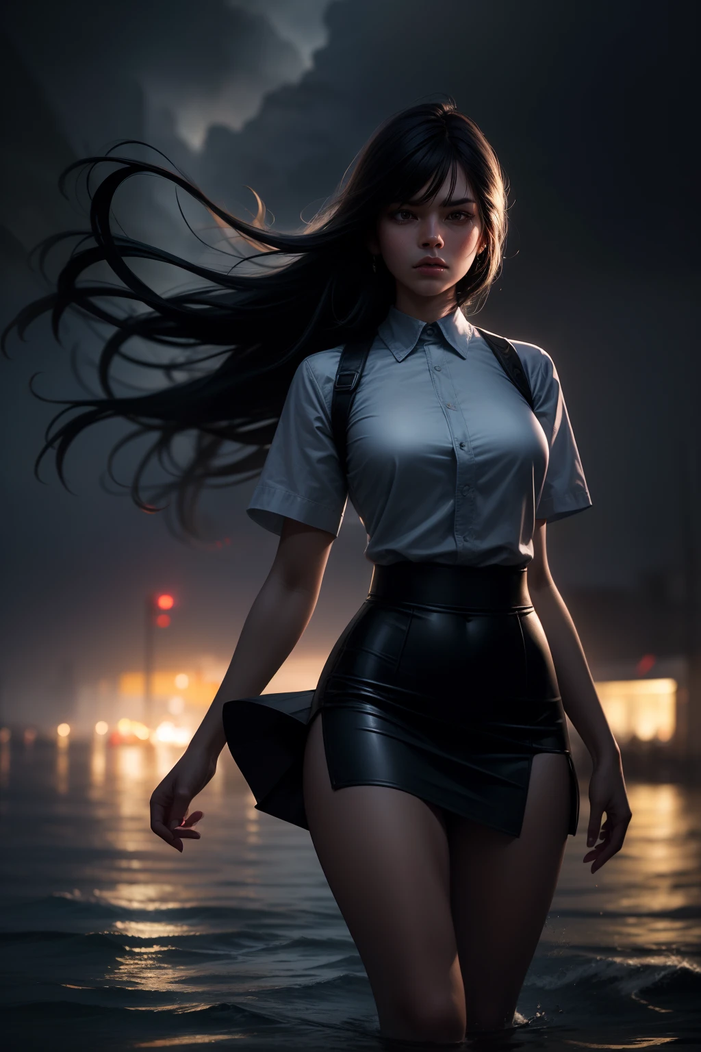A sexy tight skirt girl walking on water in a storm, masterpiece, best quality, high quality, extremely detailed CG unit 8k wallpaper, award winning photography, bokeh, depth of field, HDR, flood, chromatic aberration, realistic, very detailed, popular on artstation, popular on CGsociety, complex, high detail, dramatic, art on the go, volumetric lighting