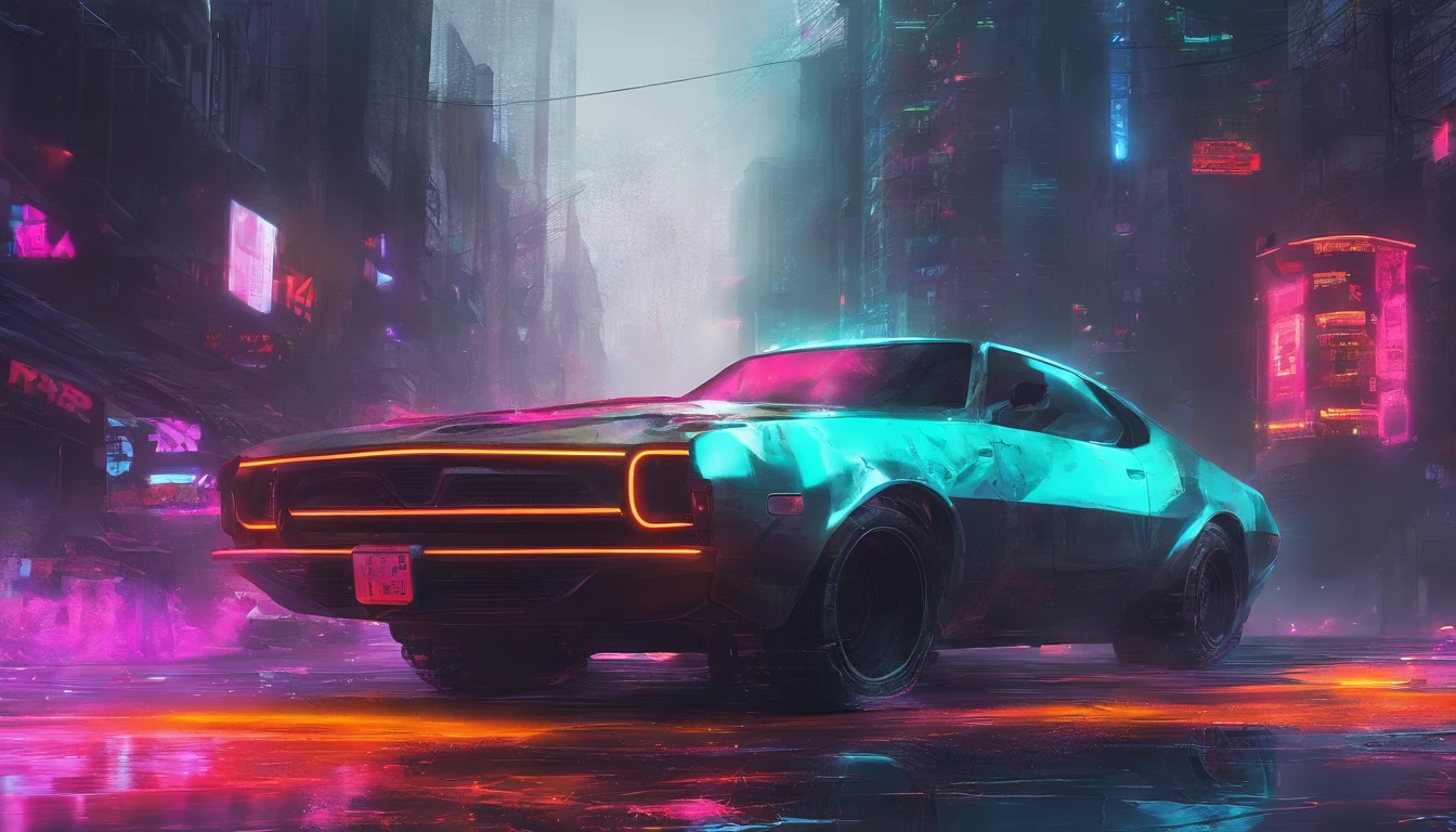 Colorful car muscle, Grey dystopian city, soprando cores para fora de seu tubo de escape, Return color to the city, illustration, ultra-detalhado, Realistic, cores vibrantes, studio lighting, paisagem urbana, alta resolução, HDR, dynamic lighting, smoke billowing, smog, abandoned buildings, grafity, Cyberpunk aesthetics, neon lights, Tecnologia futurista, ruas encharcadas pela chuva, Sombras, reflection, velocidade, motion blur, intensidade, urban decay, steel, concreto, asfalto, darkeness, contraste, heat mist, Glossy surfaces