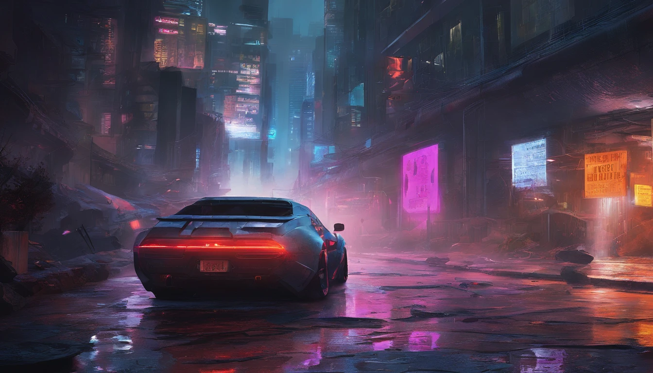 Colorful car muscle, Grey dystopian city, soprando cores para fora de seu tubo de escape, Return color to the city, illustration, ultra-detalhado, Realistic, cores vibrantes, studio lighting, paisagem urbana, alta resolução, HDR, dynamic lighting, smoke billowing, smog, abandoned buildings, grafity, Cyberpunk aesthetics, neon lights, Tecnologia futurista, ruas encharcadas pela chuva, Sombras, reflection, velocidade, motion blur, intensidade, urban decay, steel, concreto, asfalto, darkeness, contraste, heat mist, Glossy surfaces