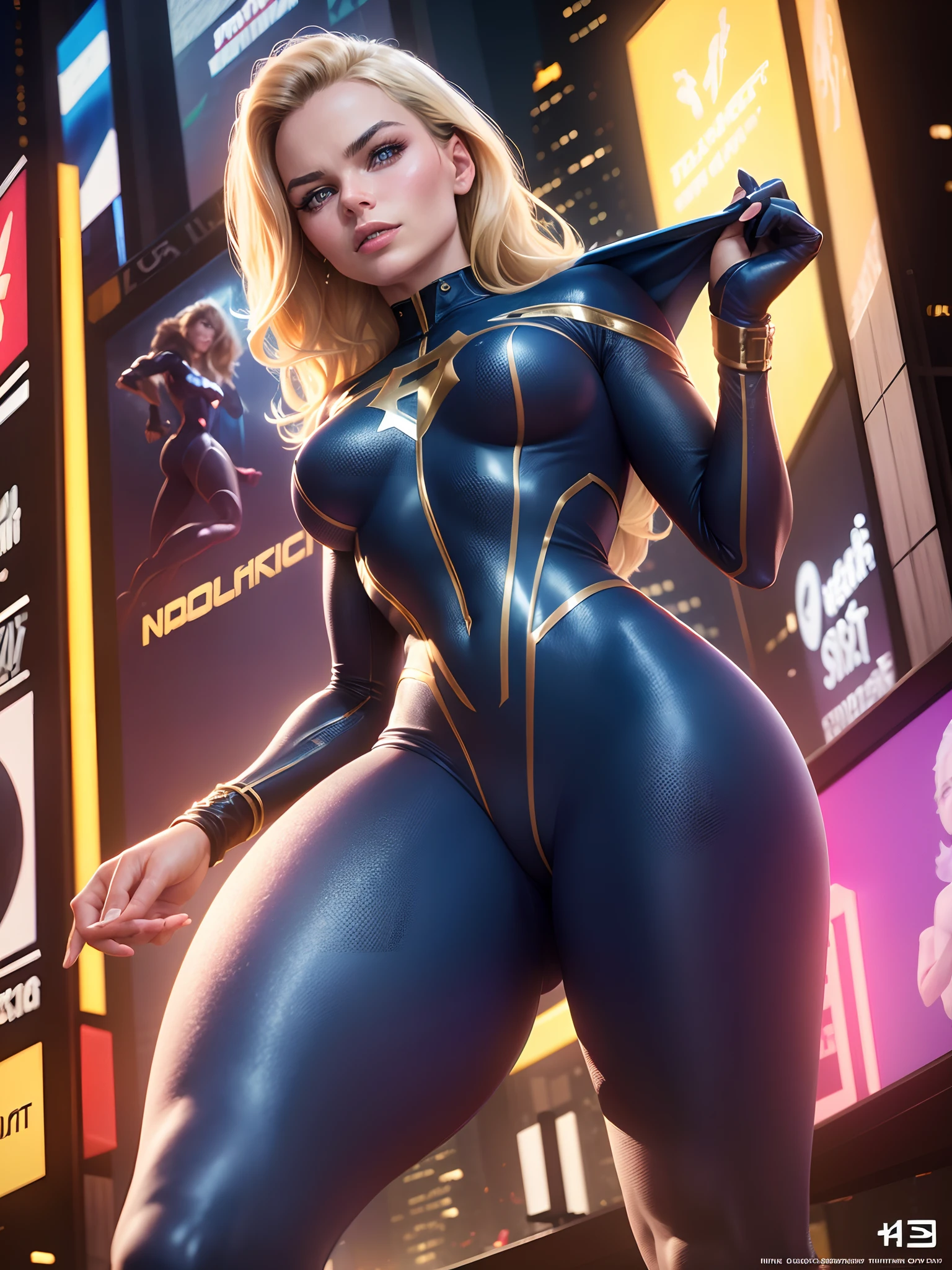 (New York: 1.3), (time square: 1.2), Margot Robbie in Fantastic Four costume, Fantastic Four costume, tight dark blue jumpsuit, symbol number 4 on the chest, full body, ((best quality)), (( Selected: 1.4)) super resolution, cinematic lighting, (New York: 1.3), ultra realistic, . .RAW, (photorealism: 1.5), (Realisitc: 1.4), (Absurd: 1.4), 8k, ultra-detailed, detailed, (One only: 1.4), (Viewer: 1.3), HD4