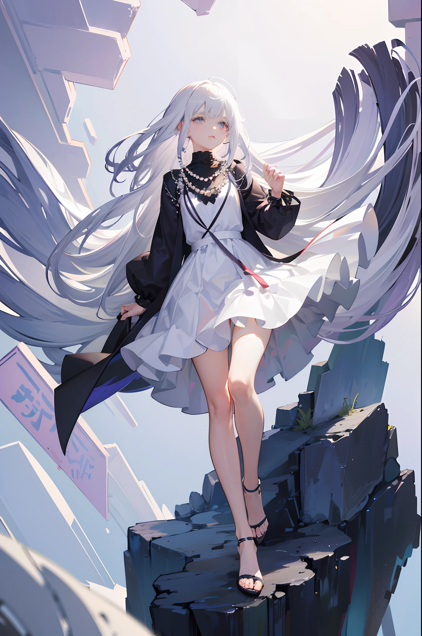 (Best quality, highest resolution, 8k, full-body picture, 1 girl, young girl, masterpiece, solo), white hair, long straight hair, (purple side_bangs), ((white hair with black hair_fringes)), (violet eyes, expressionless face, oval head), big white pearls as accessories, white pearls necklace, intricate white robe, marble ruins in background, shades of grey and azure
