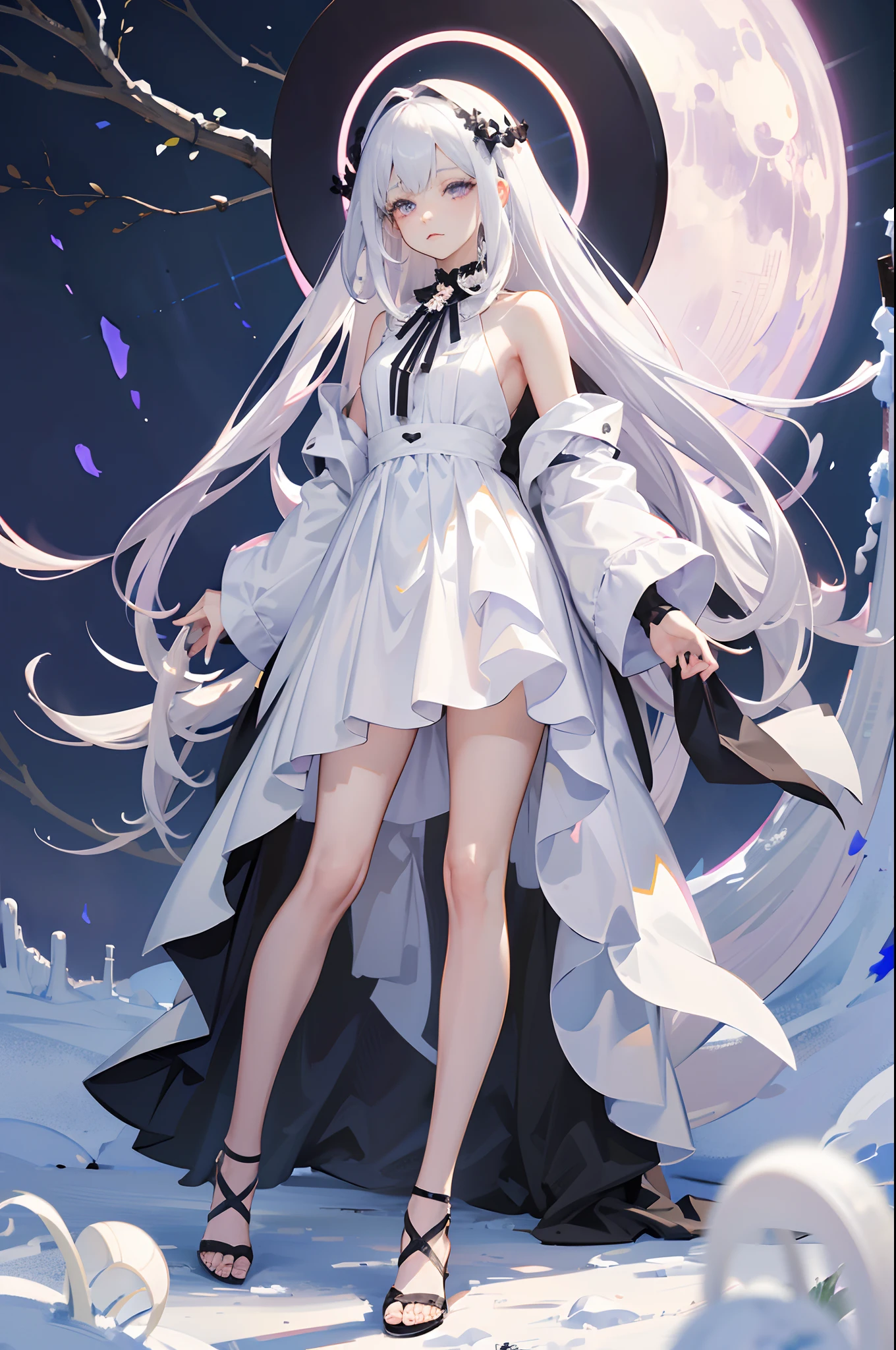 (Best quality, highest resolution, 8k, full-body picture, 1 girl, young girl, masterpiece, solo), white hair, long straight hair, (purple side_bangs), ((white hair with black hair_fringes)), (violet eyes, expressionless face, oval head), big white pearls as accessories, white pearls necklace, intricate white robe, marble ruins in background, shades of grey and azure