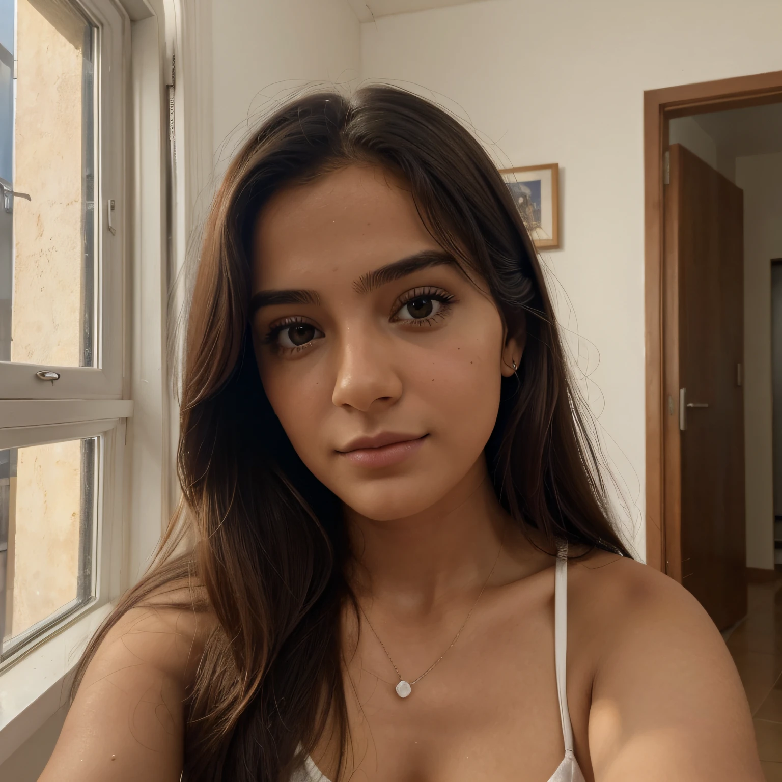 ((Selfie with a phone of a beautiful girl,obra maestra: 1.3)) crop suelto, apartamento, small house, desprolija, amanecida, le gusta la marihuana , en su habitacion, Semillas oscuras, disfrutando, hija, primavera, chica caliente, (((Busto pesado))), brown-hair, largo_cabello, face symmetrical, photoreallistic, Cinematographer, Phone camera, natural  lighting, magnifica, escote, occidental, lo-fi, High resolution, extremadamente detallado, piel con poros, realistic lighting, luz natural, Rostro natural, Pose de Instagram, influencia, Baja fidelidad, imperfecto