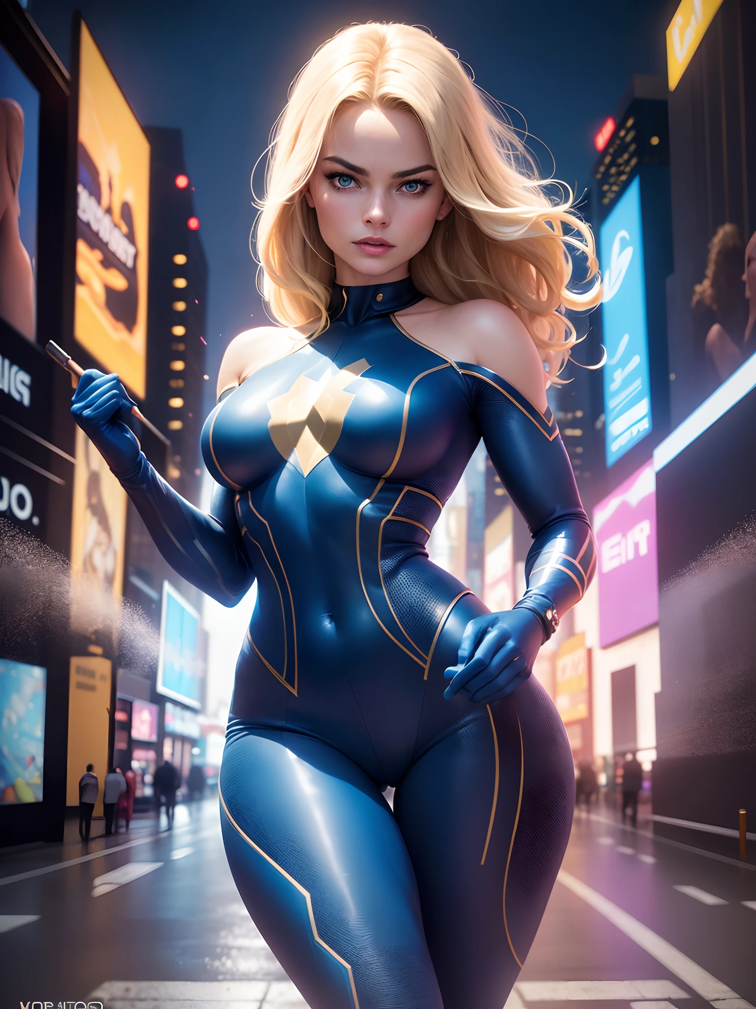 (New York: 1.3), (time square: 1.2), Margot Robbie in Fantastic Four costume, Fantastic Four costume, tight dark blue jumpsuit, symbol number 4 on the chest, full body, ((best quality)), ( (Selected: 1.4)) super resolution, cinematic lighting, (New York: 1.3), ultra realistic, . .RAW, (photorealism: 1.5), (Realisitc: 1.4), (Absurd: 1.4), 8k, ultra-detailed, detailed, (One only: 1.4), (Viewer: 1.3), HD4
