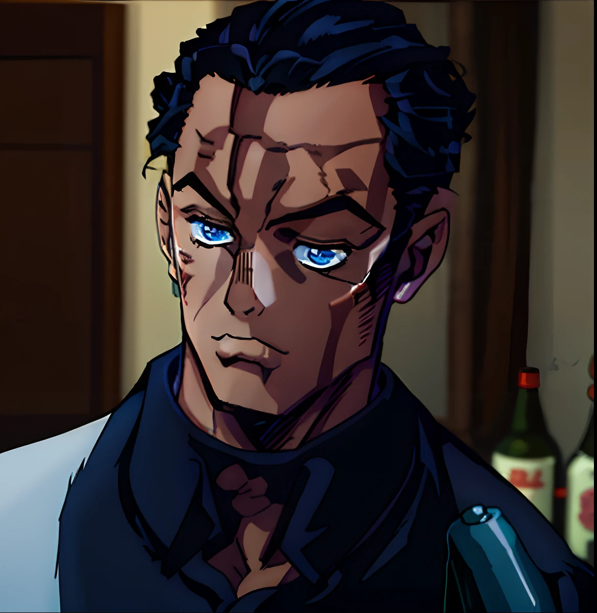 1boy, male_focus, solo, photo, blurry, black_hair, blue_eyes, looking_at_viewer, closed_mouth, black_shirt, bottle, forehead_mark, shirt