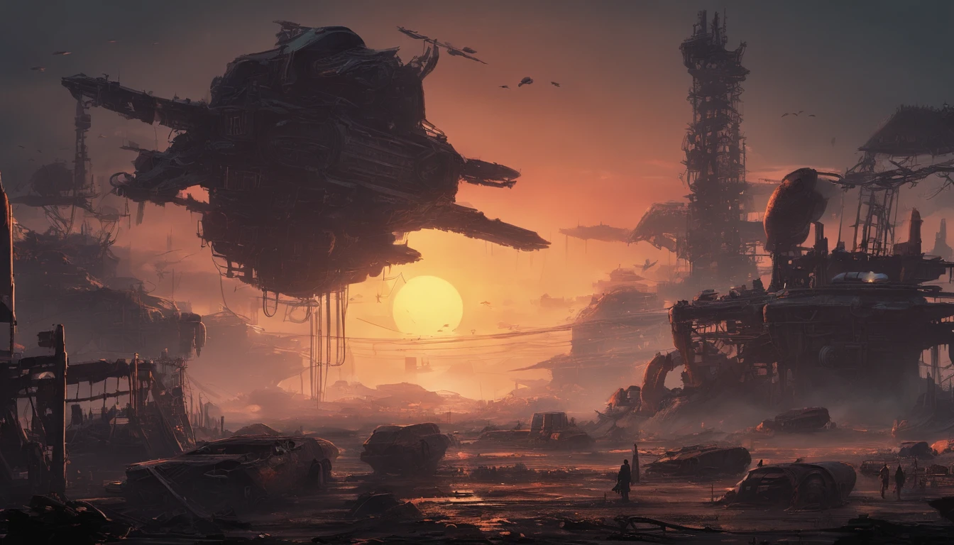 Post-apocalyptic wars, dark atmosphere, darkly, multiple Dilapidated spaceship, Mechanical patches, Japanese styly, junkyard, sunset, spaceship graveyard