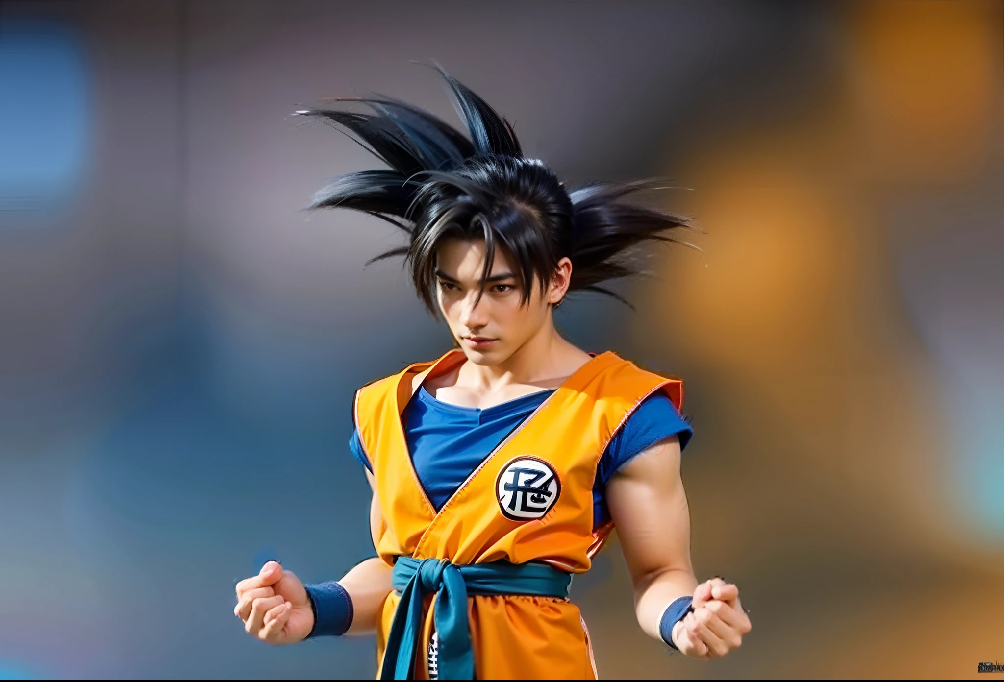 personagem masculino, cabelos pretos, camisa de cima alaranjadada, camisa de dentro azul com mangas, faixa azul na cintura, pulseiras de pano azuis, Orange Pants