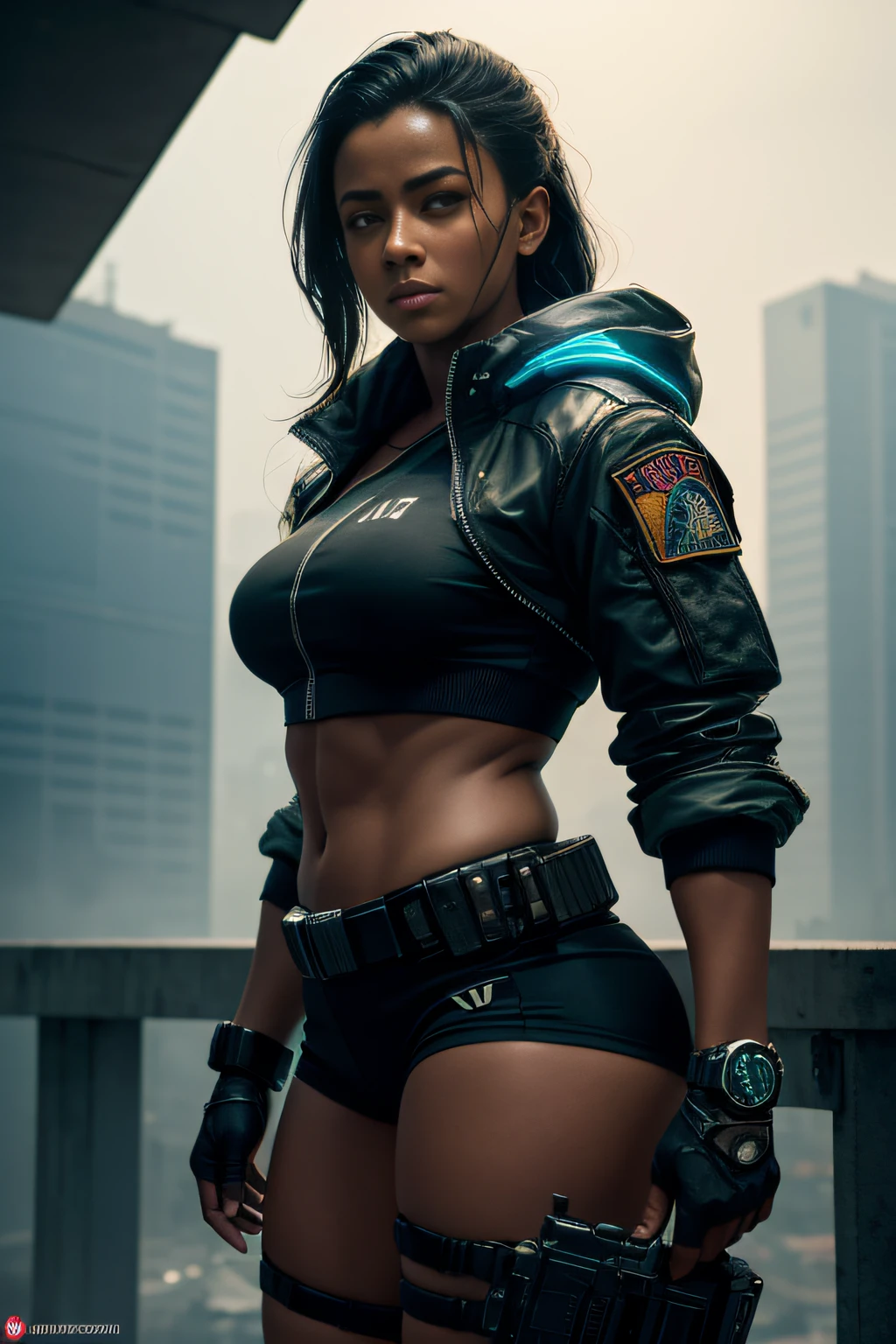 uma mulher, 30 anos, guerreira , mundo futurista , personagem de jogo ,  decote, corpo  muito musculoso, fitness, HDR , (detalhes insanos, hiper realismo: 1.2), (detalhe de pele insana), corpo inteiro, Tactical Short Jacket and Tactical Tiny Shorts , (pele foto realista: 1.4), cinematic lighthing, (rim lighting: 1.3 ), color grading, focado, Cyberpunk fundo , cidade em guerra , (alto detalhe da pele: 1.2), poros, pele suada, Fujifilm XT3, color correction, tudo muito detalhado , No watermark , Unique Image Creation , Fundo cidade cyberpunk em guerra , 8k