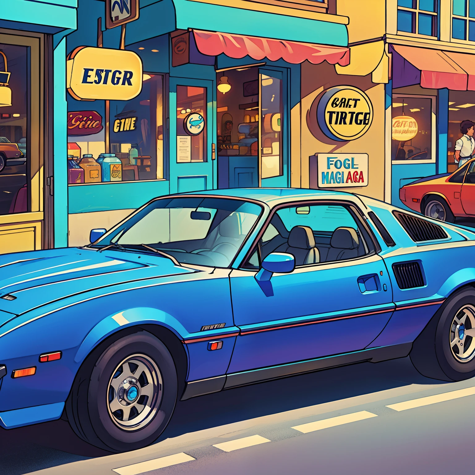 classic car of the 80s, such as Pontiac Fiero or Ford Thunderbird, ultra-detailed, best quality, side view, colorful, in busy street of vintage shops and vintage restaurants in the background, perfect illumination and shadow.