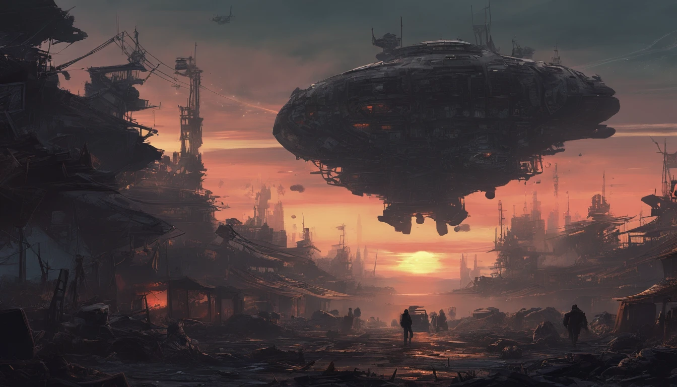 Post-apocalyptic wars, dark atmosphere, darkly, multiple Dilapidated spaceship, Mechanical patches, Japanese styly, spaceship junkyard, sunset, spaceship graveyard