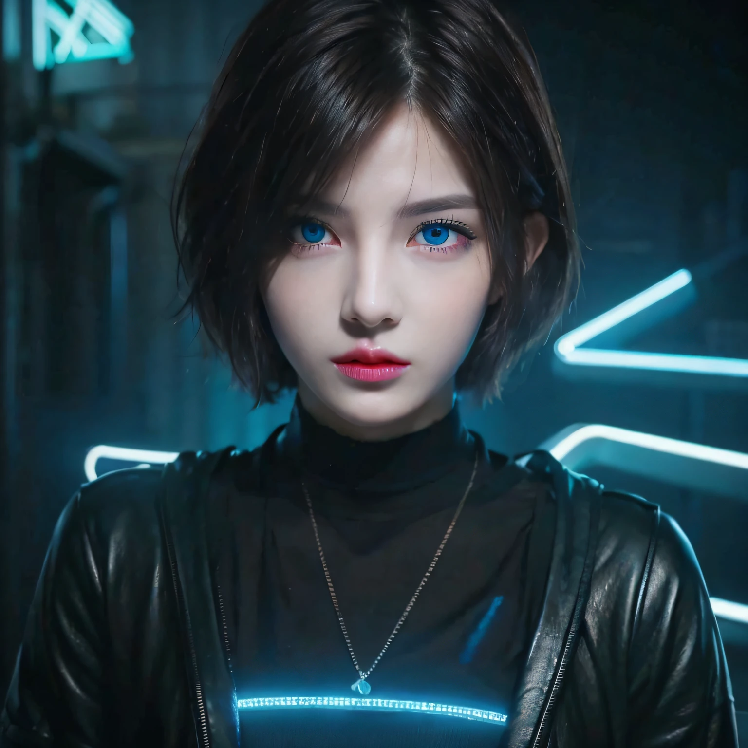 short hair, cyberpunk, hypebeast, blue light eyes, neon light